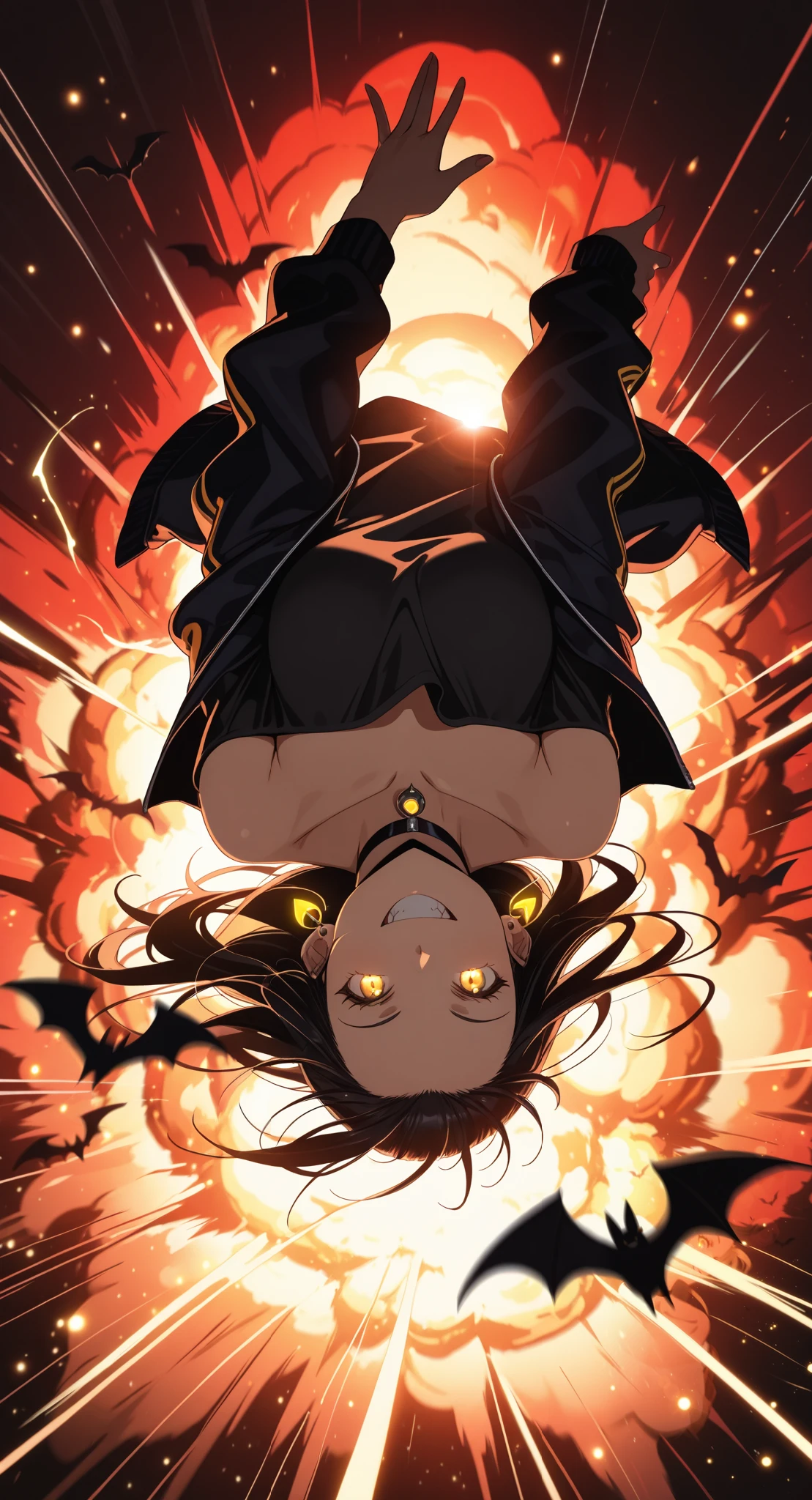 (masterpiece:1.4), (anime-style action:1.3), (energy aura:1.5), (glowing particles:1.4), (motion blur:1.3), (dynamic pose:1.3), (speed lines:1.2), (high contrast:1.3), (cinematic action lighting:1.4), (epic explosion:1.5), (lens flare:1.2), (sharp details:1.3), upside-down, black choker, shirt, off-shoulder shirt, solo, forehead, grin, 1girl, earrings, red background, choker, collarbone, looking at viewer, off shoulder, long hair, black shirt, smile, bat \(animal\), yellow eyes, bare shoulders, black hair, jewelry, jacket, upper body, bangs pinned back