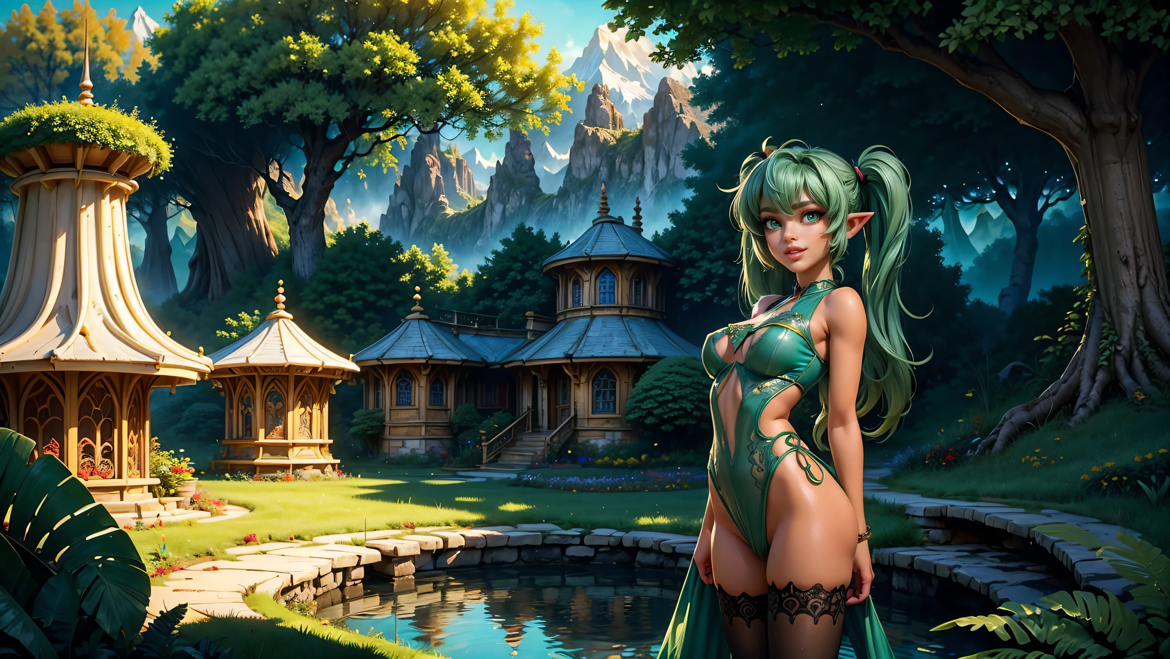 NSFW, ((12year old)), (()), ((littlegirl)), ((little)), ((dark tan skin)), cute young elf girl with a beautiful body and face, men looking at her as she walks through her village, ((men staring)), ((1girl)), ((solo)), ((messy hair)), ((green hair)), ((twintails)), ((skinny)), ((petite)), ((young girl)), ((large expressive eyes)), ((big smile)), ((round breasts)), ((formfitting clothes)), ((painted on clothes)), ((semi-transparent clothes)), ((thighhighs)), ((fantasy setting)), ((forest, mountains, streams, meadows)),