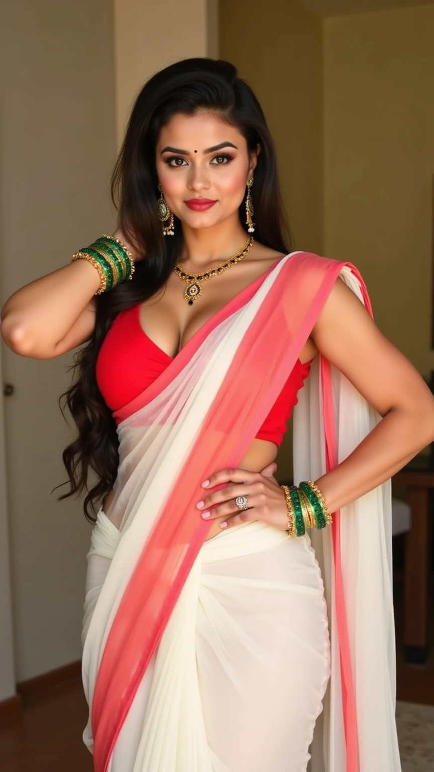 Beautiful Indian queen, with crown,Indian outfit (Royal saree and blouse), sexy figure, seductive pose, looking at the viewer, proud, breast size 34d, cleavage, in a royal palace, Sof light, butterfly light, realistic, smiling