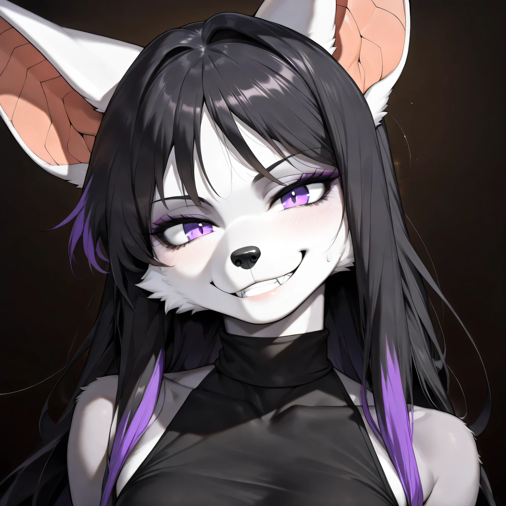 masterpiece, best quality, anime shading, centered, anthro, furry, fox female, ((white fox)), ((bat ears:1.5)), vivid purple eyes, white fur, white skin, ((long black hair with purple highlights)), ((smiling)), ((wearing a solid black fabric cami)), score_9_up, score_8_up, score_7_up, score_6_up, score_5_up, score_4_up, ((Dark Background)), ((close up)), ((three-quarters view))