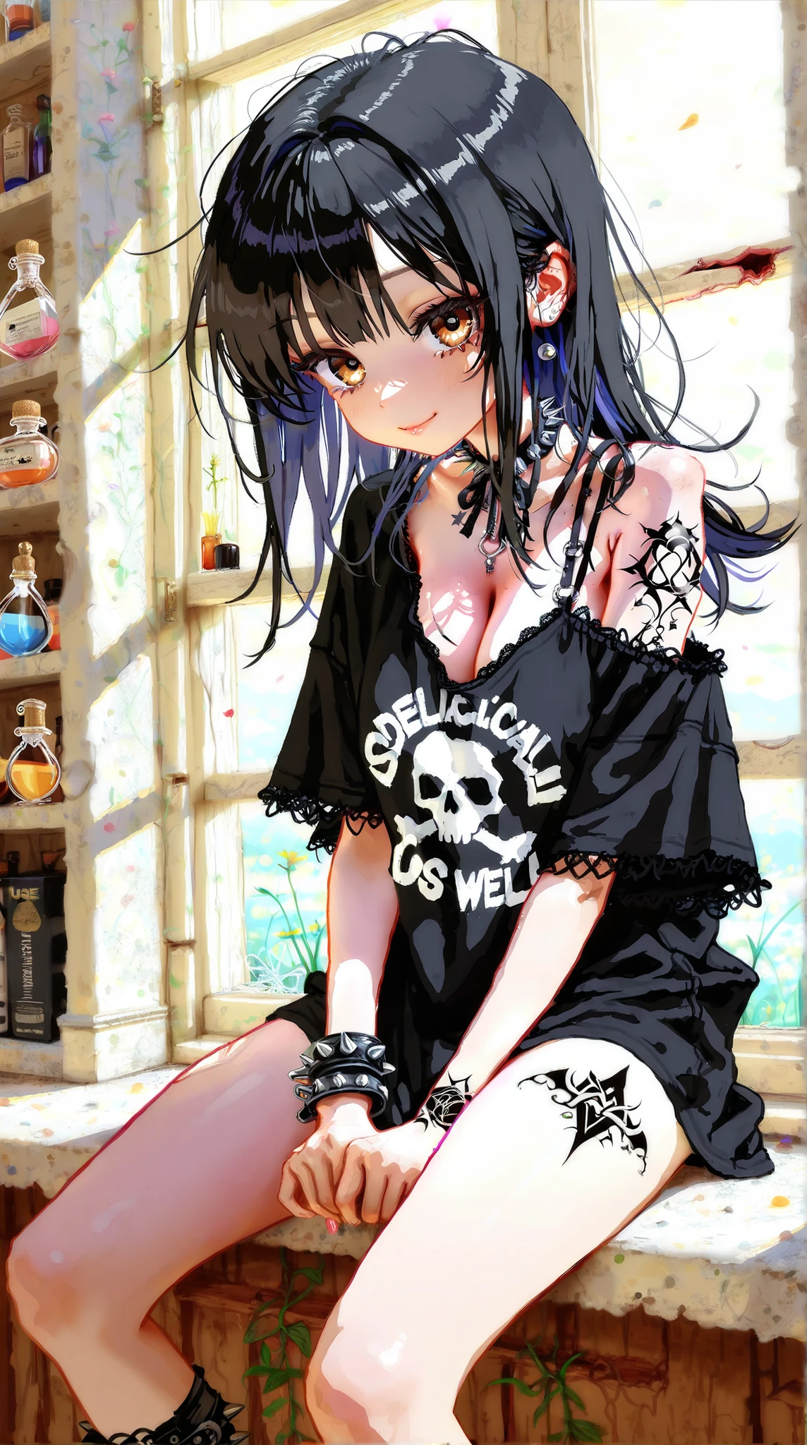 score_9, score_8_up, score_7_up, score_6_up, score_5_up, score_4_up, source_anime, medium shot, goth girl, bangs over eyes, goth clothes, choker, high shoes, fishnet, skull print