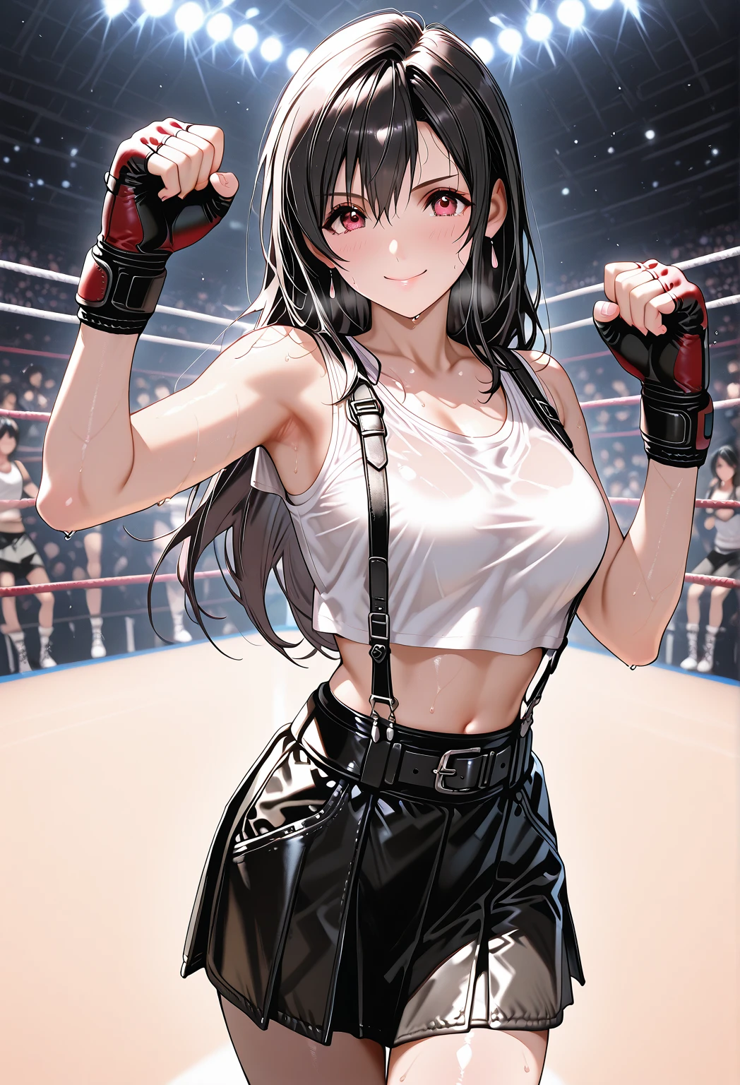 ((masterpiece,Highest quality:1.3,best quality illustration)),(realistic),cowboy shot,独奏,1woman,18 year old beauty,black hair,long hair,bangs,black eyes,gorgeous big eyes,((very small head:1.3)),blush,((very long body:1.2,skinny)),medium breasts,White tube top shirt、navel、(Black pleated mini skirt),Brown leather fingerless gloves、sweat,in heat,gleaming skin,toned body,slender body、Martial arts stance,standing,Martial Arts Matches、amphitheater、