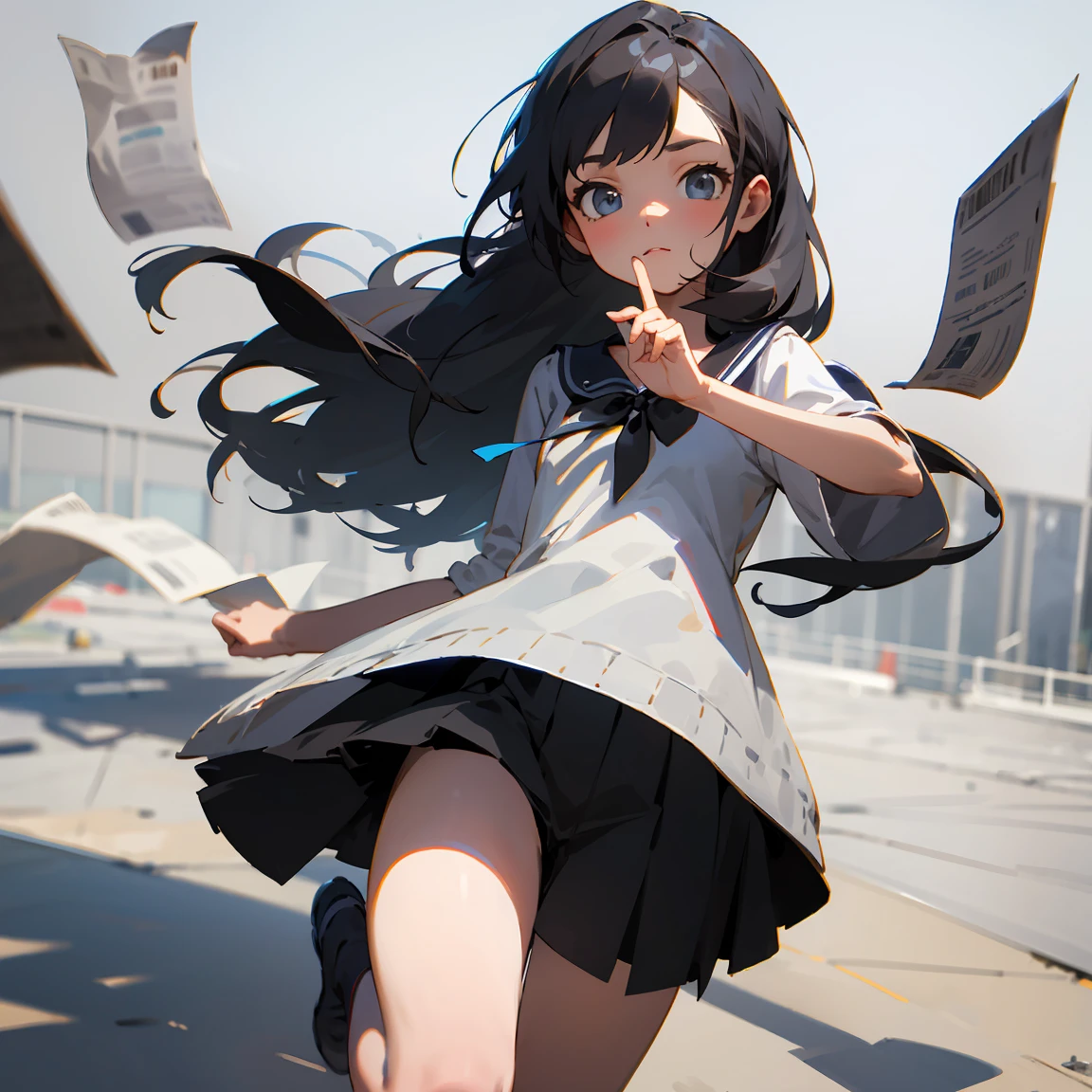 masterpiece, (realistic, photo realistic:1.2), ((highest quality), extremely fine and beautiful, beautiful face details, real human skin, realistic, photorealistic, 1girls, small girl, chibi, smile on face, cow-boy shot, idol costumes, Tiny breasts, emphasis A-cup, White shirt, White underwear, (wind, wind lift, Skirt lifted by the wind, skirt rolled up by the wind, Skirt flutters:1.5), (Fully exposed panties:1.5), (white panties:1.5), (standing a:1.7),