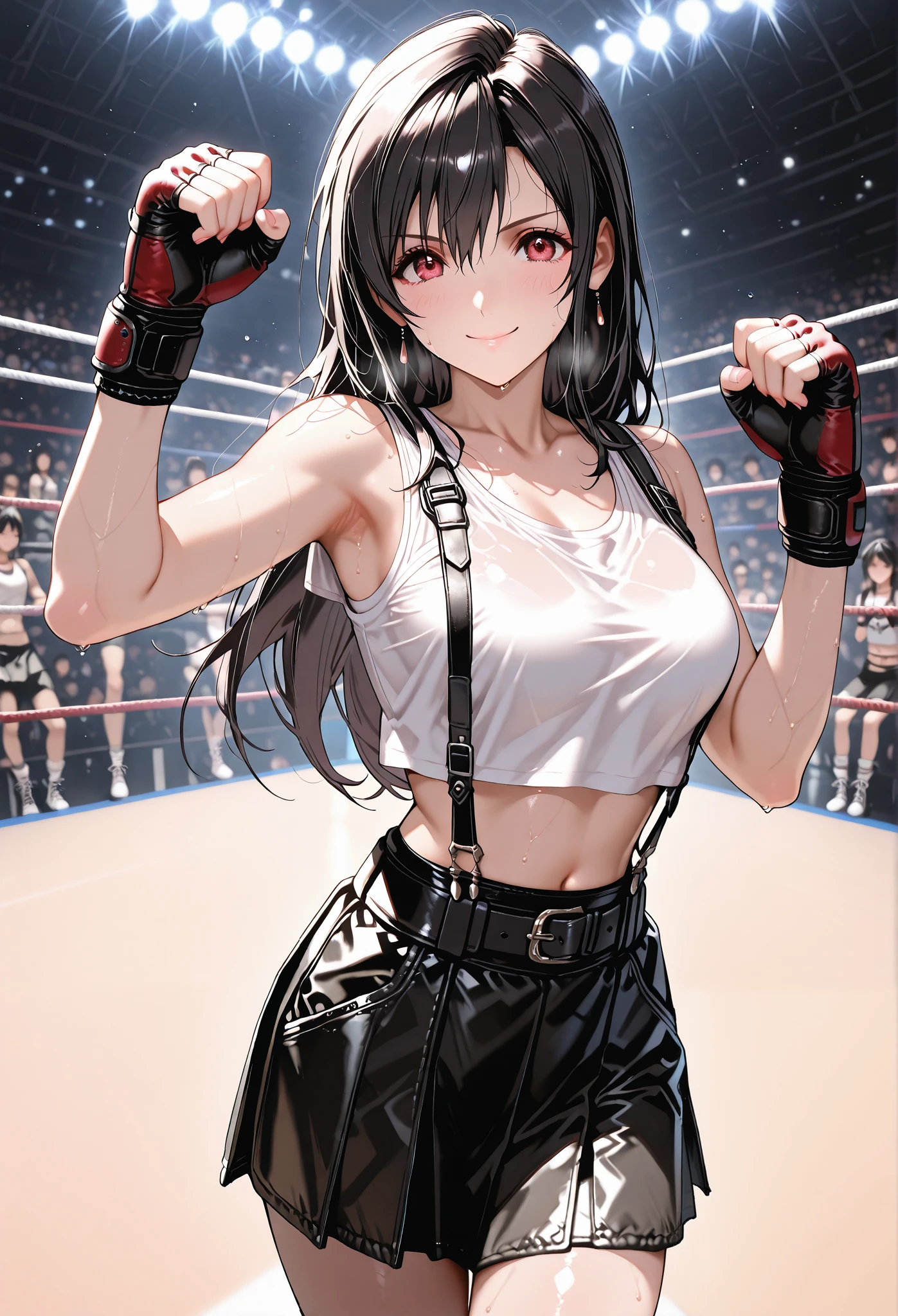 smile、fight、black hair、white tank top、(Tifa)、 、 boxing ring、Resist、cover、Draw 、、masterpiece,、、Stadium、 lots of people々、best quality, ,, perfect body, , fingerless gloves , , shiny skin, Steamy sweat, depth of field, inside a mixed martial arts ring, lots of female spectators, motion lines, speedline、belt、black leather short skirt、suspenders