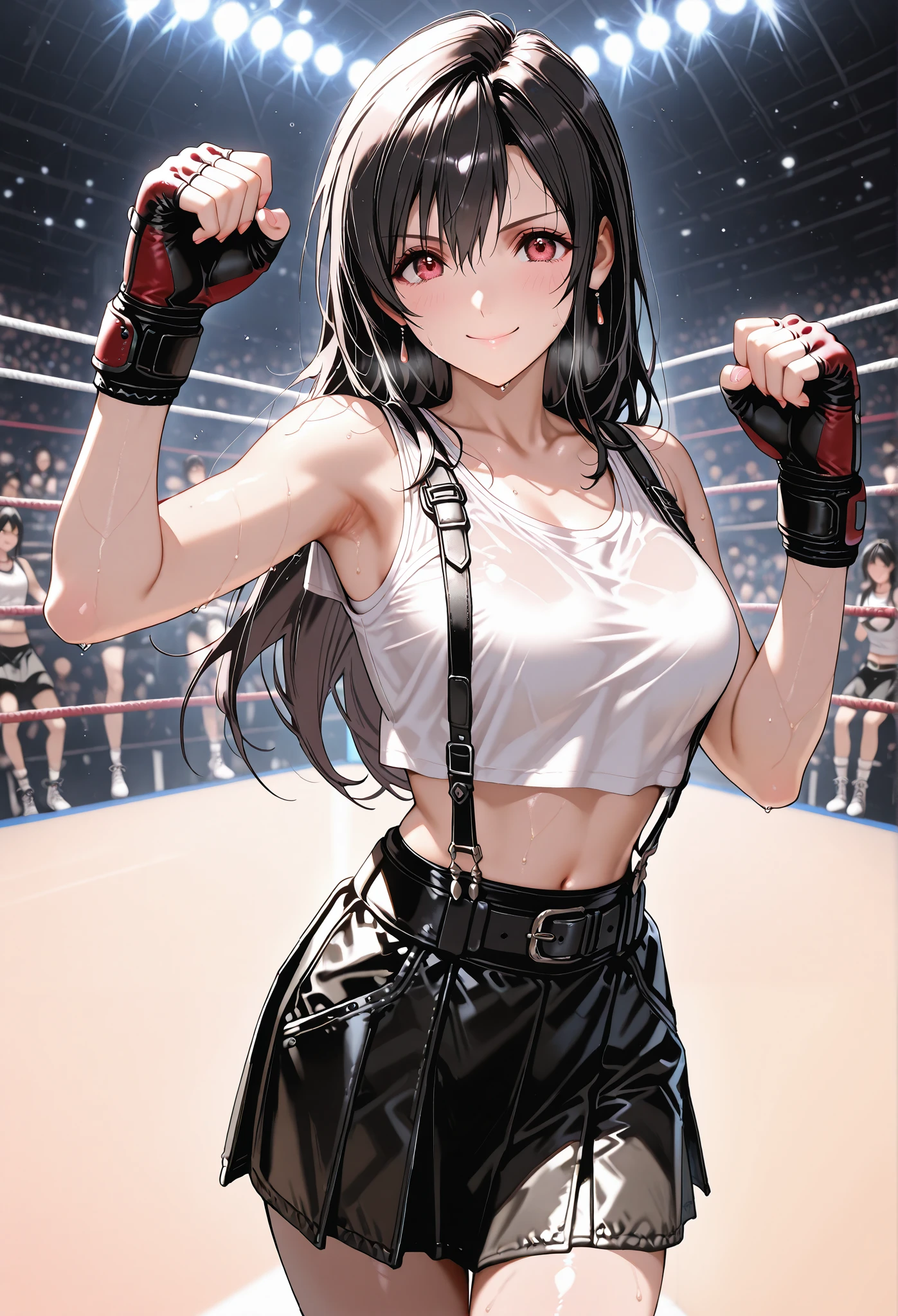 smile、fight、black hair、white tank top、(Tifa)、 、 boxing ring、Resist、cover、Draw 、、masterpiece,、、Stadium、 lots of people々、best quality, ,, perfect body, , fingerless gloves , , shiny skin, Steamy sweat, depth of field, inside a mixed martial arts ring, lots of female spectators, motion lines, speedline、belt、black leather short skirt、suspenders