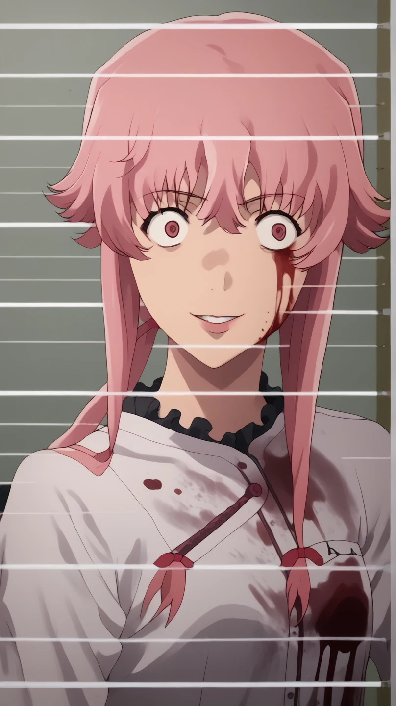 yuno gasai wearing a  at school while holding a knife, have blood on her face, soft smile, blushes, detailed eye, hd quality