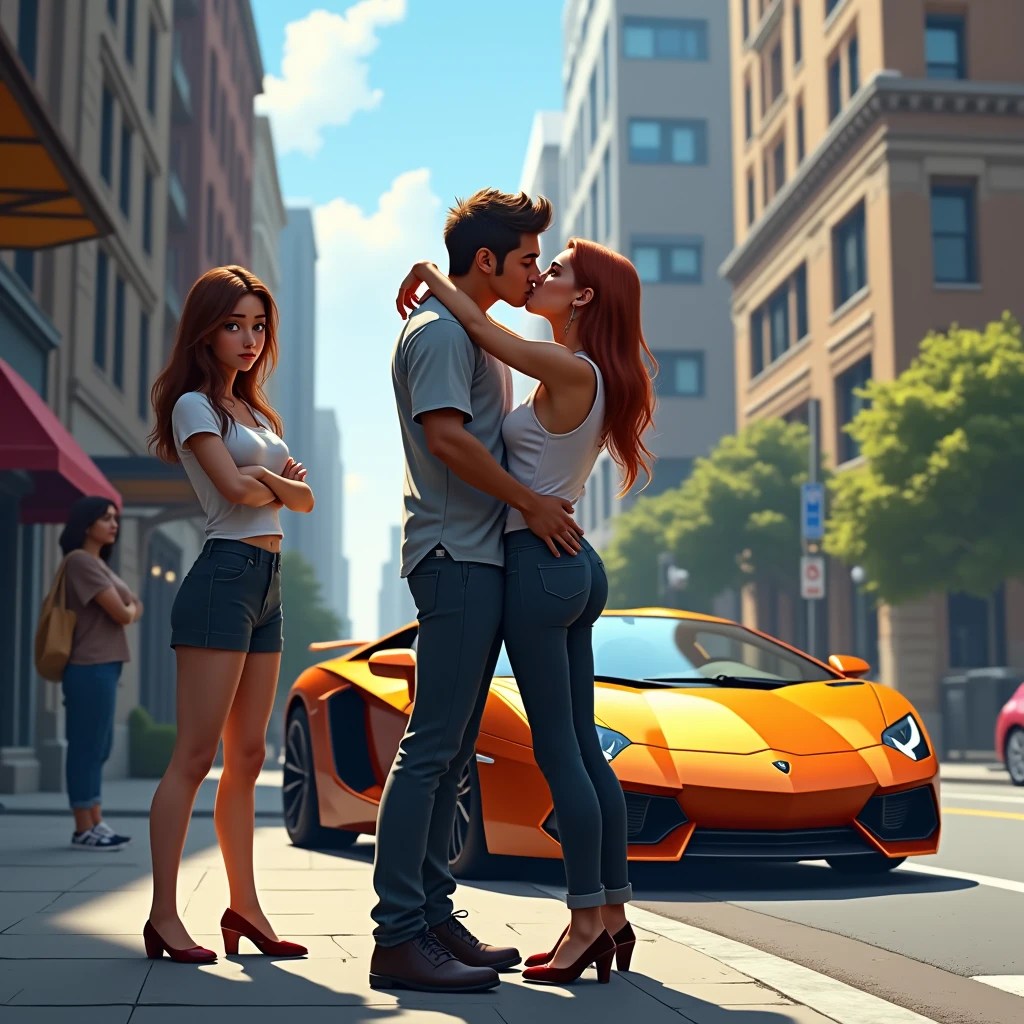 A mature male character with a hoodie and sunglasses looking straight into the camera, with a sexy hot girl, standing in front of BMW car, perfectly big rounded boobs, hourglass body, thick thighs, wearing a t-shirt and tight jeans, grabbing her waist, in an Pixar style