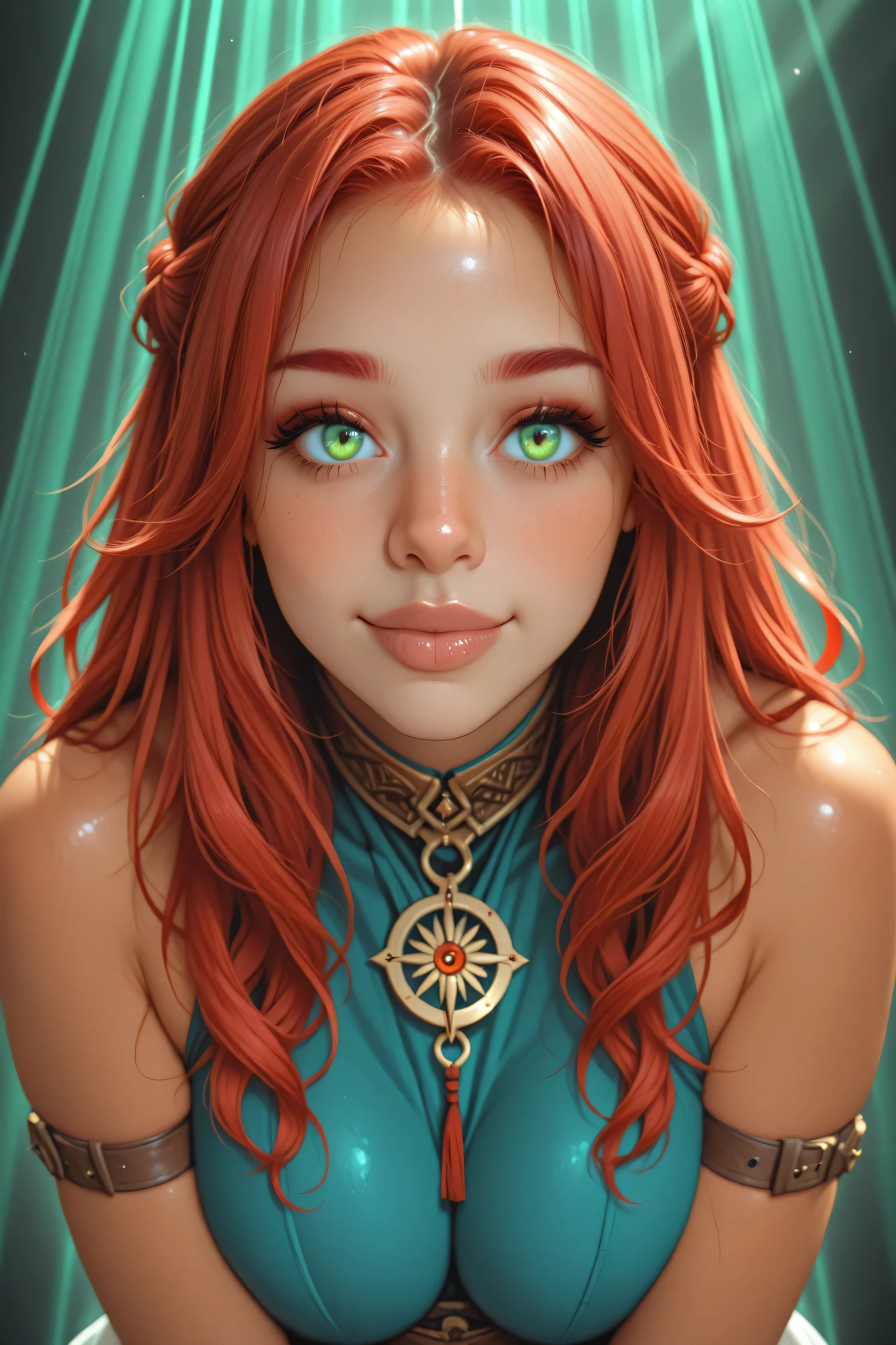medium body shot of a stunningly beautiful, fair-skinned girl. Vibrant green eyes, with a ((sharp, bulbous, angled, and perfectly proportioned upturned ((nose)). The beautiful young woman smiles at the camera while her curly red hair shines in the rays of the radiant sun.
