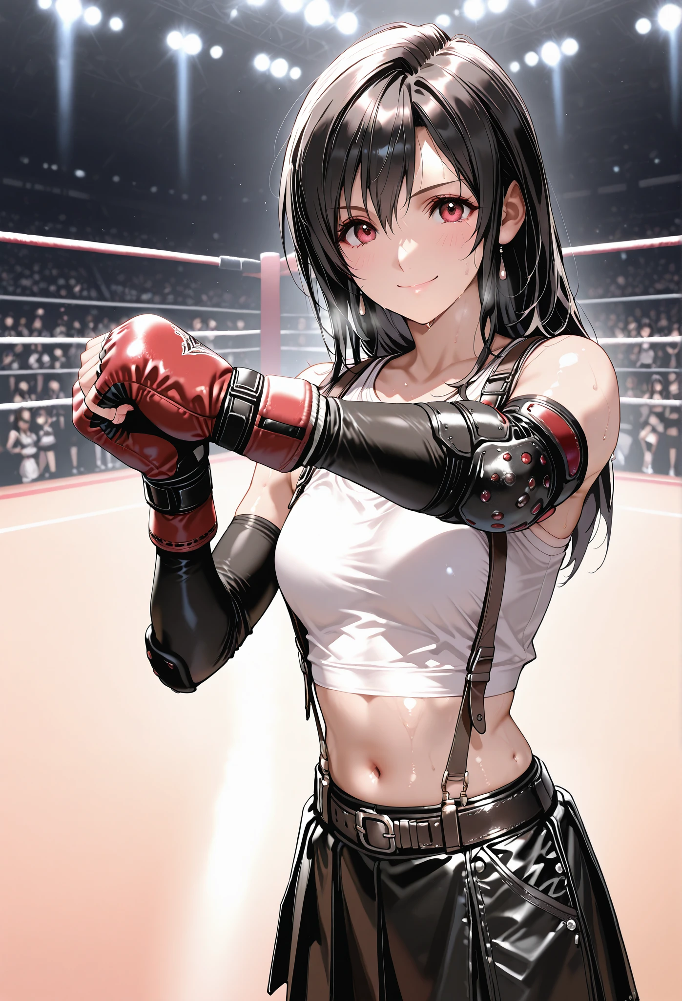 smile、fight、black hair、white tank top、belly button stick、(Tifa)、 、 black arm covers、boxing ring、Resist、cover、Draw 、、masterpiece,、、Stadium、 lots of people々、best quality, ,, perfect body, , fingerless gloves , , shiny skin, Steamy sweat, depth of field, inside a mixed martial arts ring, lots of female spectators, motion lines, speedline、belt、black leather short skirt、suspenders