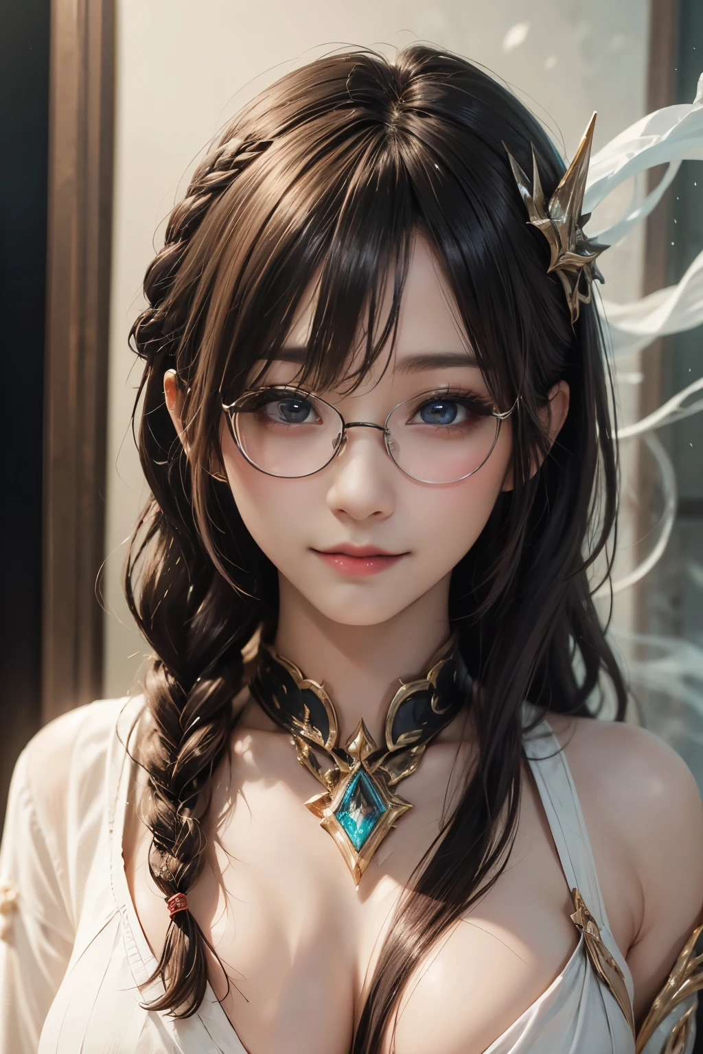 Fine、(The best illustrations)、8k UHD resolution、intricate-detail、top-quality、realisitic、ultra-detailliert、The best lighting、Best Shadows、Soft lighting、Ulutra HD、Ultra-realistic、Tindall Effect、Photorealsitic、(High Detail Skins:1.2)、 (Intricate details, makeup, pureerosface_v1:0.5), (Detailed beautiful delicate face, Detailed beautiful delicate eyes, A perfectly proportioned face, High detailed skin, Detailed skin, best ratio four finger and one thumb, arms below breasts, Tattoo with a red glow under the stomach、Awesome awesome, wide hips, smooth midriff, skiny and thin, __Fashion__, __hair__:1.25)、Digital SLR、 absurd realistic work: 1.3), (max resolution: 1.2), (Ultra HDTV: 1.2), cinematric light, Detailed eyes and skin, detailed facial features, , (Sharp Focus: 1.2), (Focus on Face:1.2),Perfect Style, Beautiful face, acurate, Anatomically correct, Highly detailed face and skin texture, Detailed eyes, Double eyelids, Thin eyebrows, Glitter Eyeliner: 1 Natural cheeks, Glossy skin, Fair skin: 1.2, (Glossy lips: 1.4),(Shy look: 1.2),Highly detailed facial and skin texture, Detailed eyes, Double eyelids, Natural cheeks, shiny lips: 1.4,Exposed cleavage、Bewitching。a baby face、Seductive、Chest emphasis、((((Huge glasses, Otaku Glasses, thick glasses, Round glasses)))),The long-haired、Braid hair、Ponytail distortion、, Ponytail with a bow tied at the back of the hair, huge solemn expression、Body Up、Big breasts emphasis, Super tight breasts, Breast augmentation surgery, The breasts are very big and round and round,Toned waist、 Meet beautiful girls, Look at the girl's body, In the Dark、Bat Wings,(((Demon Horns)))、(Devil's Tail)、(Detailed spooky backgrounds:0.8)、demon girls,Long grey hair,Beautiful and delicate skull decoration and fluorescent green magic sword that shines red,emits eerie demonic flames,Contour light,green flash particles,translucent magic sword,waist guard, hand guards, veils, Ancient Chinese style, magia、Flame Magic、Flares up violently、swirling explosion、 Highly saturated sunlight rays emerge from the scepter, holy ceremony, angelic halo, golden and orange spark dazzling around, Holy Demon Array, dramatic compositions, Goddess of War, (Dynamic Posture: 1.3), Thick armor reveals the heart of the conflict, (Fine detail), radiant light, Powerful light area, (armor of historical importance:1.2),magia、 glittering metal armor, (Magic symbols shine on the armor:1.3), (Magical magic swirled around her:1.3), Long white hair waving in the wind in every detail, Detailed weapon holding, (Sharp sword, Radiant:1.3), ((Black Armor)), (intense expression:1.1), (Its light is、Highlighting her dominance and rebirth behind the scenes:1.4), (Wisdom and Rebirth:1.2), (Strong stance:1.2), (Overwhelming mystical power:1.2), (Sparkling sweat:1.1), armor decorated with jewels, (The contrast between silver and gold:1.3),wear armor made of magic stones、wear magic armor、Purple Pink Silk Dress, The face of the beautiful goddess Athena without blemish, Sexy light yellow nightgown, long to, A thin nightgown of a saint with lots of exciting black lace details was felt, The legend of the holy goddess, Saint Icon, Elegant glitter beautiful saint style, dark and mysterious version, Holy Female Crown, royal ceremony, Jewel Tiara, The red and gold sparks are dazzling, royal emblem, golden scepter, Golden Rays,