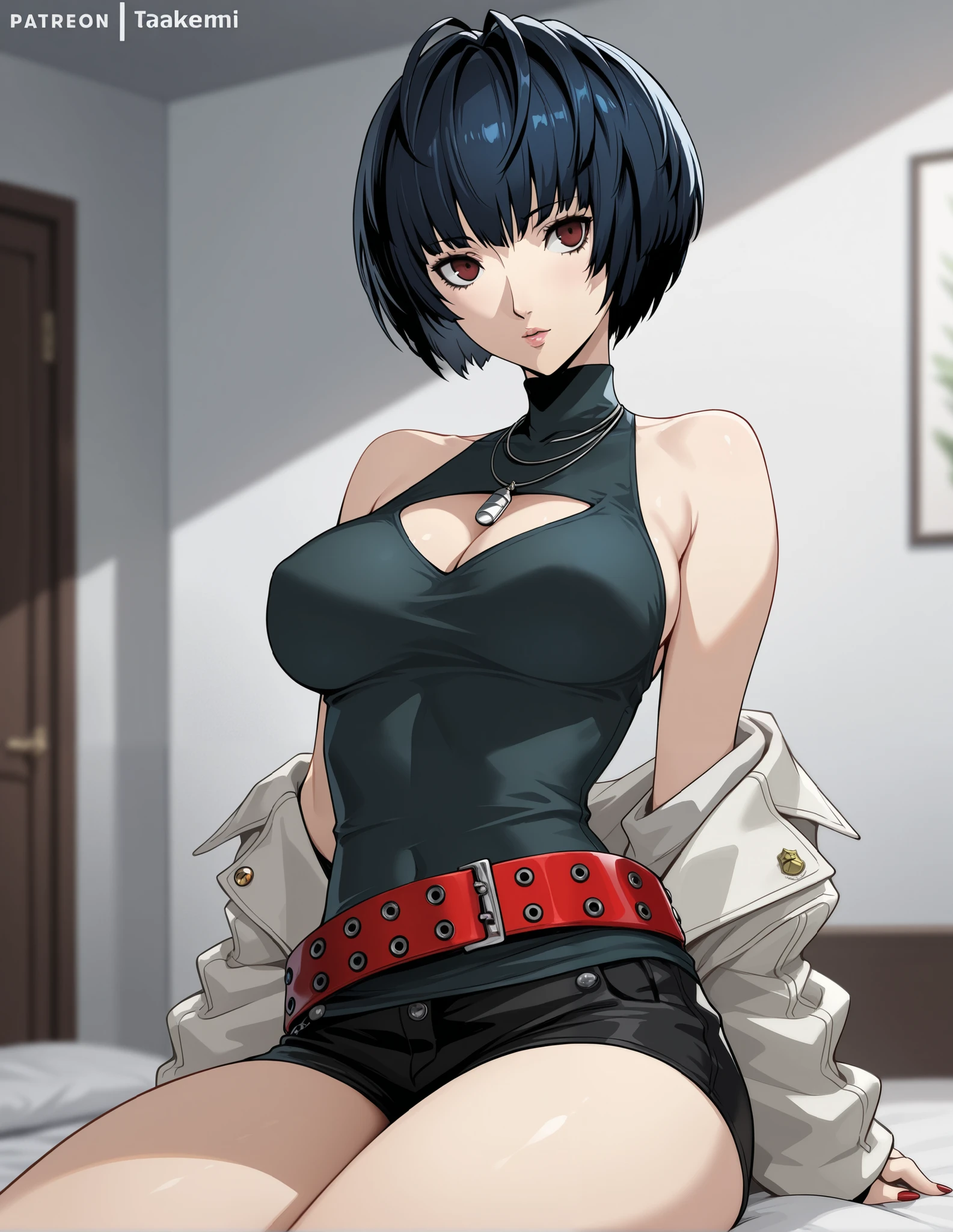 1 girl, milf, Red eyes, very Short hair, emo hair, black choker, lipstick, sad, black hair, bangs covered one eye, tomboy Pixie haircut, white bandeau, extreme micro shorts, stockings, huge breast, cowboy shot, sit, bedroom, armpits