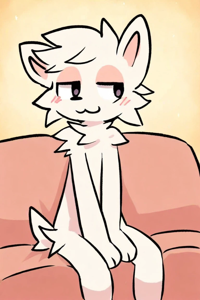 masterpiece, best quality, newest, absurdres, furry, mauzymice_1, solo, :3, furry, no humans, half-closed eyes, smile, smug, blush, white fur, sitting, sofa,
BREAK
dynamic background,  
