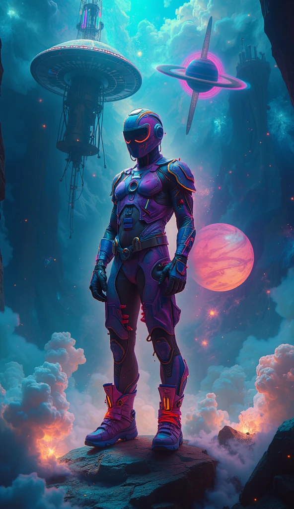 ((large title text)), (scifi book cover art <lora:stylesqueeze_v3:1>), a [cyborg terminator cybernetic polyalloy armor skin|shirtless] man, wearing a gas mask, in a desert, colorful hair, perfect face, (side view), nice thighs, night time, starry night, galaxies and cosmos, magic explosions in background, cool atmosphere, 8k, uhd, absurdres, prominent outline linework, flat colors