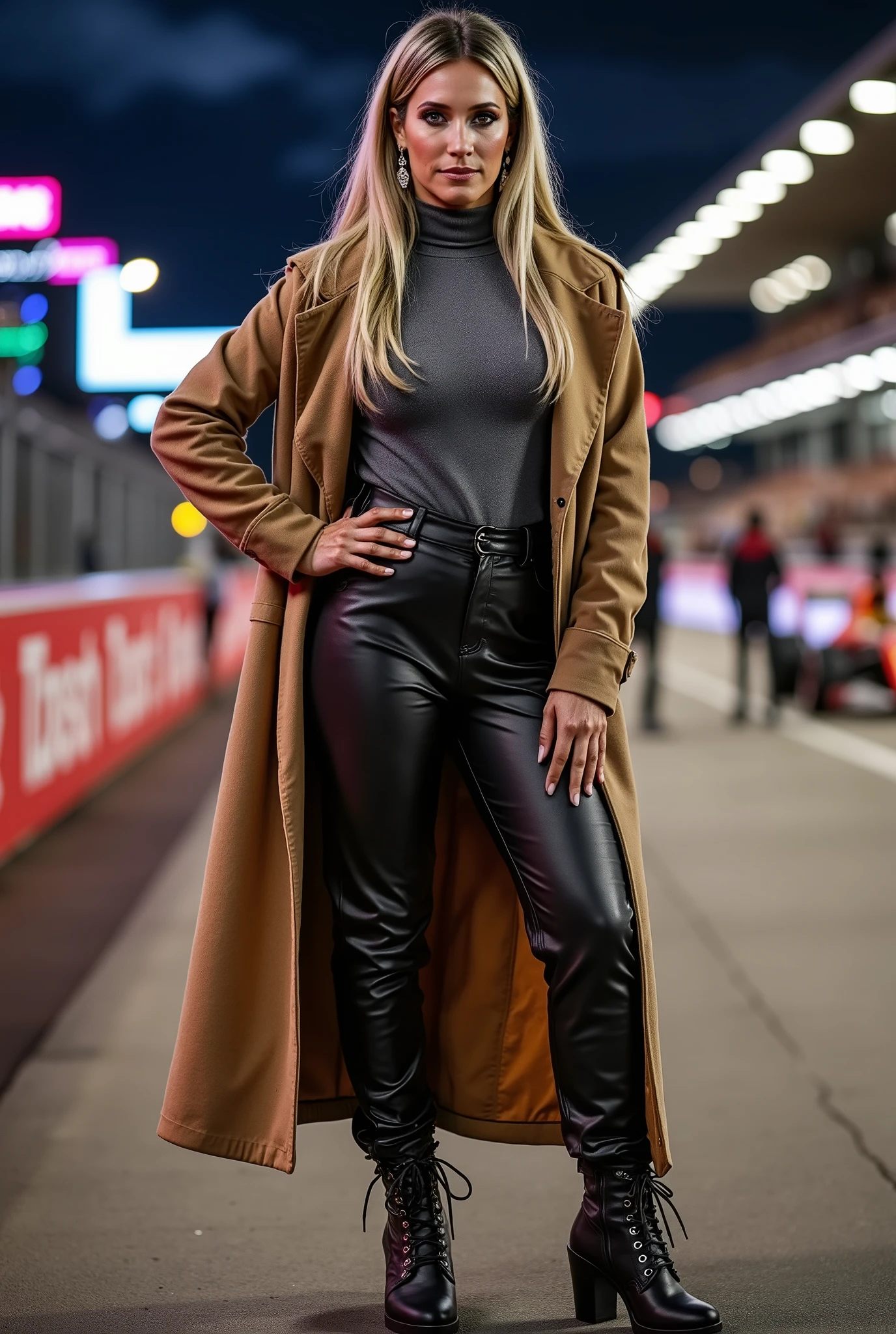 Create an image of a blonde woman wearing a comfy turtleneck sweater paired with oversized baggy leather cargo pants, long coat, knee high boots with front laces, she is posing in the pitlane of an formula one race, one hand on her hips, night, neon lights, Miami Street Circuit, background glow,