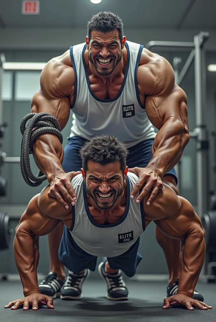 "Realistic drawing of a fitness man doing triceps pulley exercise with rope in a well-lit gym. The image should clearly show the triceps muscles in action, with vibrant colors and details that highlight muscle definition. The background should be a gym environment with modern details."