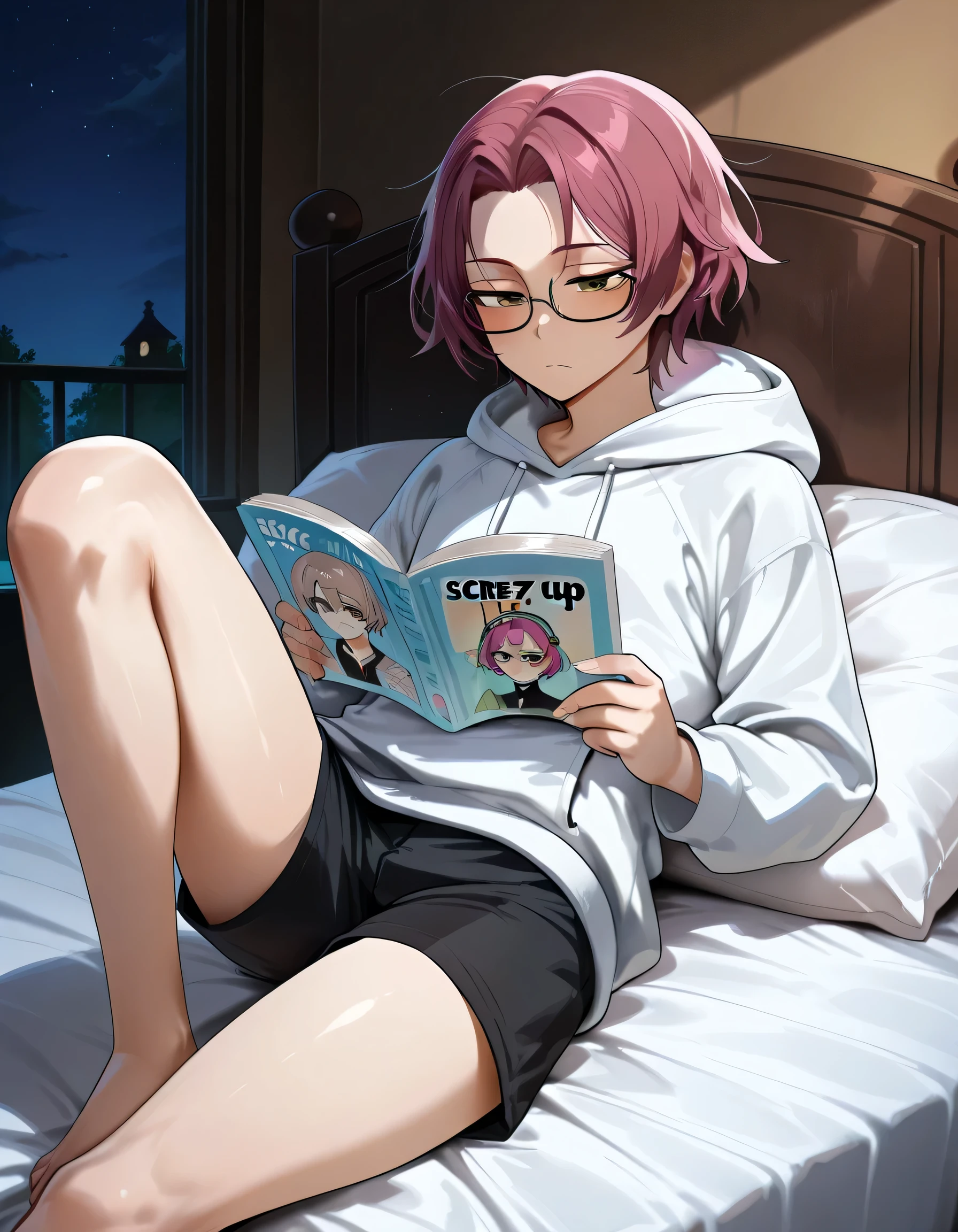 adult, male, beautiful, beige skin, dark pink hair, short hair, parted bangs, light brown eyes, tall height, light curvy thighs, loght curvy hips, thin waists, flat chest, skinny, detailed eyes, detailed face, detailed body, detailed bedroom, detailed eyes, make up, looking at manga, night, white oversized hoodie, black shorts, laying back on bed, leaned back against the headboard, one knee bent, foot placed on bed, knee up, glasses, reading manga, calm, tired, solo, yaoi manga