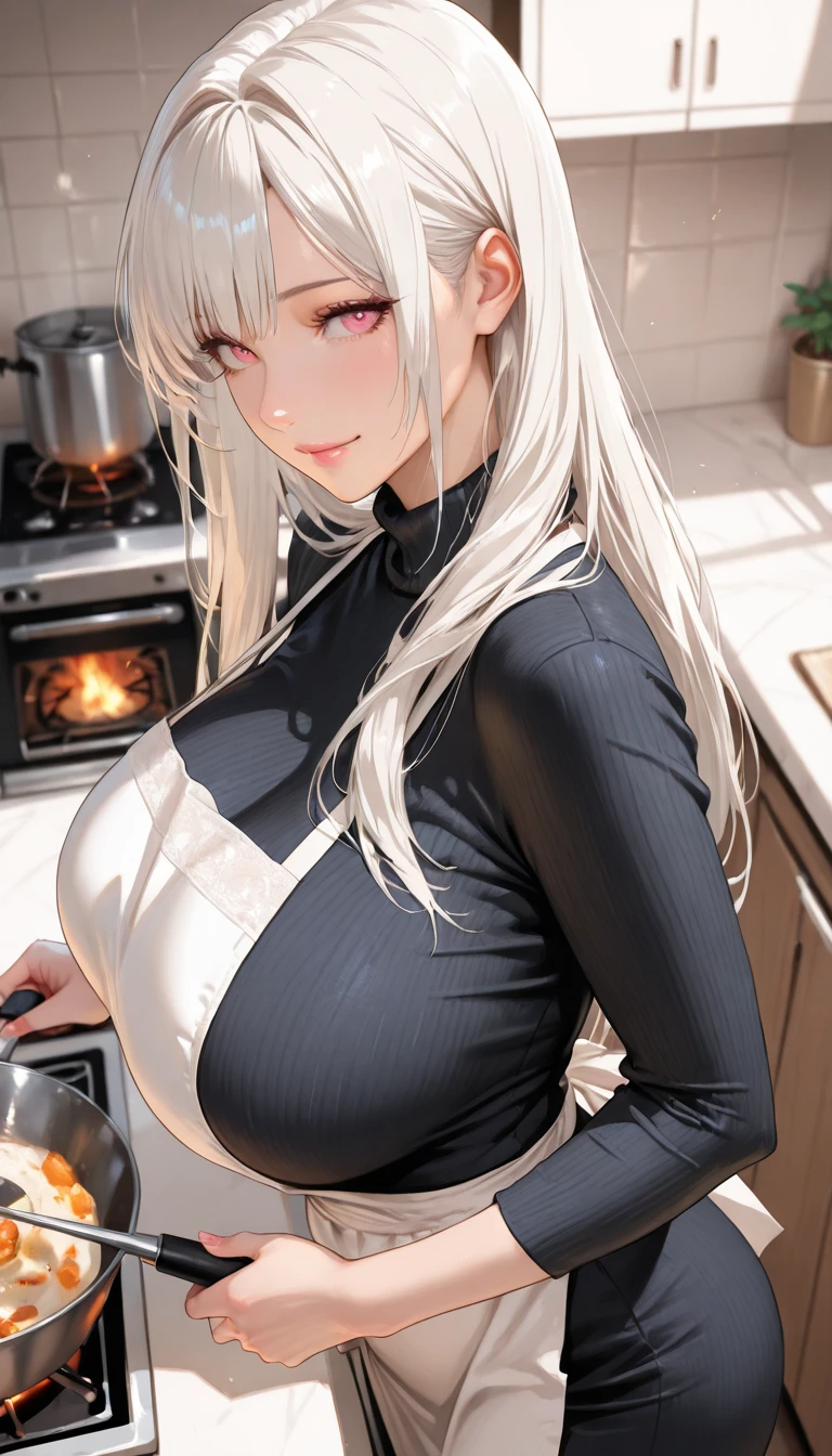 NSFW，Beautuful Women，long whitr hair，kitchens，Big breasts wife， apron，Tempting，Smooth skin，sweat leggs，Red face，ssmile，Highest image quality，tmasterpiece