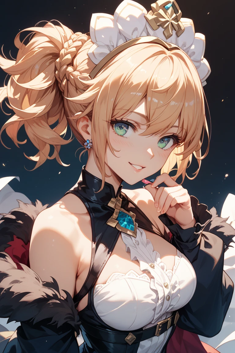 ((screenshot genshin impact, Masterpiece: 1.5, best quality, high resolution: 1.3, super resolution, super detailed, ultra detailed: 1.3, Perfect Anatomy: 1.5, 1 woman) white skin + short straight blonde hair + honey eyes + long eyelashes + feminine figure (intricate tank top, fluffy coat, bangs on the face) ((adorable open eyes, friendly smile))