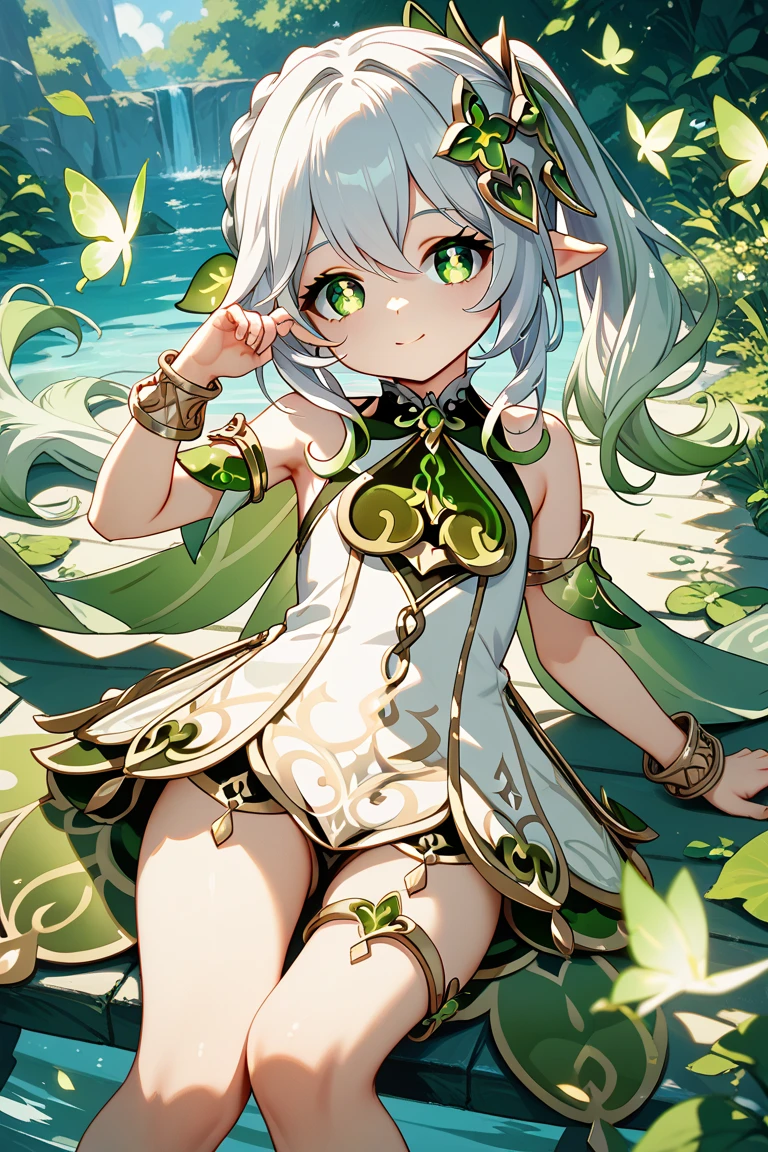 (white background: 1.4), (chibi: 1.2),
masterpiece, best quality,
Solo, ((an extremely delicate and beautiful girl)),(full body: 1.2), elf ear, hair ornament, chipped hair, short hair, light green eyes, medium chest, white dress, silver hair
standing,(ruffles),(white_thighhighs),holding,closing mouth,
fantasy, (surrounded by the wave of the sea), nahida, naked, completely naked, white bikini