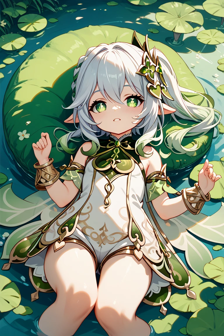 1girl, nahida \(genshin impact\), genshin impact\\\\\ masterpiece, best quality, very aesthetic, absurdres, newest \\\\\\ slim body,///// ,by nyantcha,cutesexyrobutts , by khyle,,////// beautiful face, sexy,  ,  greenery,, jungle,birds etc, looking at viewer, lime one-piece swimsuit,grass,lake, heart shaped hands