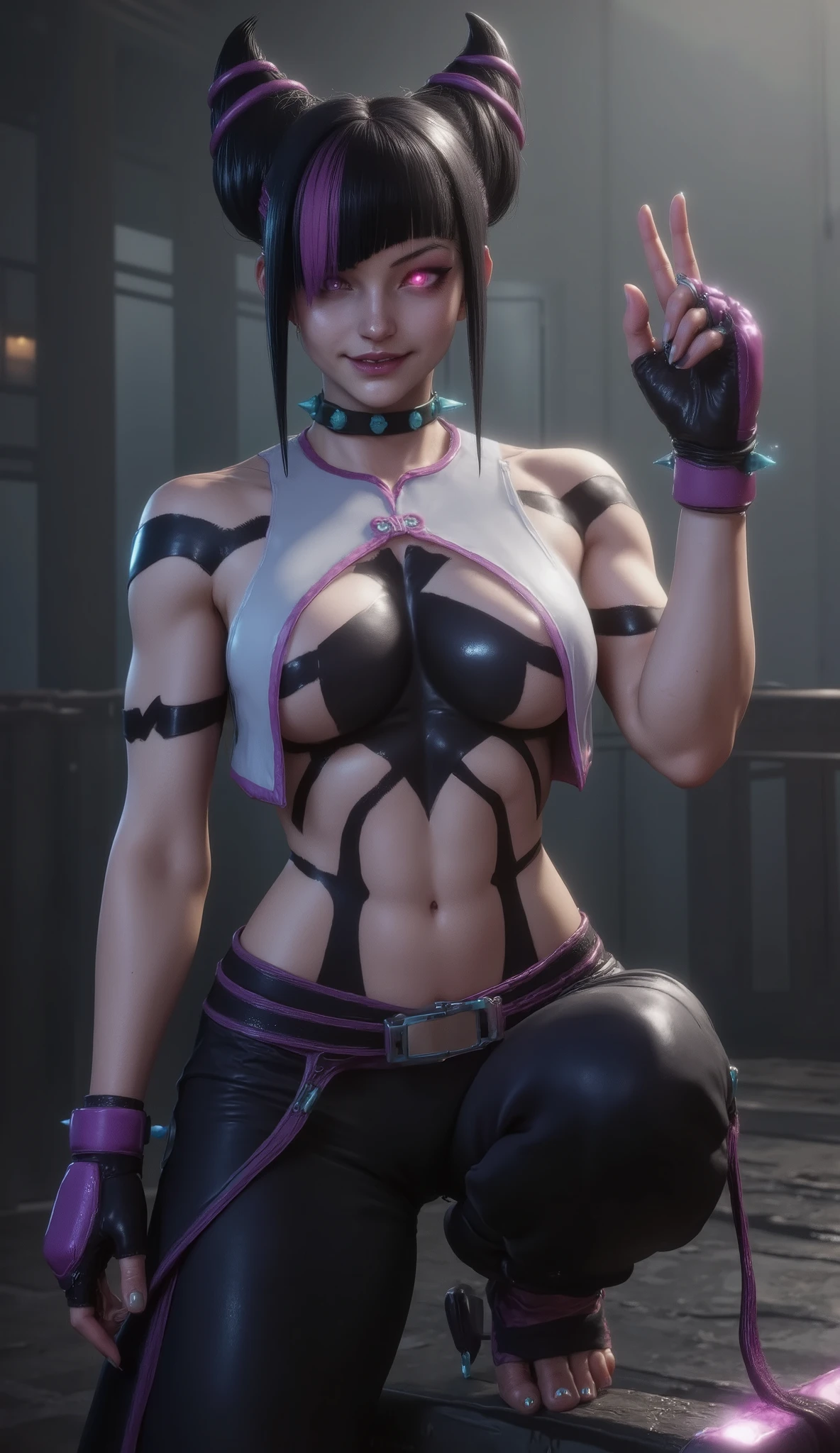 ? street fighter 75294 ? street fighter 6 14940 Character ? juri han 11681 asymmetrical bangs 4028 ? baggy pants 806 ? belt 71056 ? black pants 13083 ? breast curtains 2450 ? breast tattoo 4259 ? huge breasts 4860861 ? chest tattoo 6612 ? collar 339557 ? ear piercing 182030 ? from side , female 5795638 ? glowing 67688 ? glowing eye 851 ? hair horns 827 ? hair over one eye 98432 ? linea alba 1836 ? lipstick 239456 ? looking at viewer 1885070 ? makeup 200853 ? huge breasts 381731 ? multicolored hair 181026 ? multiple belts 212 ? navel 833174 ? no bra 169592 ? pants 105870 ? piercing 350722 ? purple eyes 391558 ? purple hair 415751 ? purple lips 6134 ? revealing clothes 62457 ? short hair 928908 ? sitting 460489 ? solo 3034570 ? spider tattoo 248 ? spiked collar 30702 ? spikes 62249 ? streaked hair 23095 ? tattoo 216629 ? toned 65093 ? A highly detailed anime-style illustration of Juri Han from Street Fighter. She is in a dynamic Taekwondo fighting stance, one leg lifted high, ready to strike. Her body is slightly tilted, showing her toned muscles and perfect balance. She has a confident smirk, piercing purple eyes, and her signature twin-bun hairstyle. She wears a tight black and purple bodysuit with glowing accents. The background is a dark cyberpunk arena with neon lights reflecting off the floor. Ultra-high detail, sharp lighting, cinematic shading, and fluid motion captured mid-action.