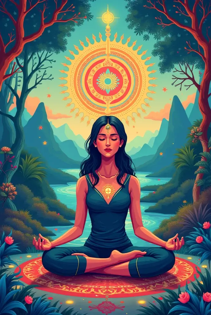 woman over 22 years of age looking at zenith, Meditating, Arms spread wide, Cinematic, 4K ultra-high, Beautiful face, ((full bodyesbian)), Detailed, perfectfingers, Beautiful woman: 1.3, beautiful face,Good clarity, Saturated colors, psychedelic image, ???, mandalas, fractalized, 3d depth, Dan Mumford and Alex Gray style, sunset psychedelic, kilian eng vibrant colours, psychedelic landscape, kilian eng vibrant colours, dan mumford and albert bierstadt, Official artwork, in the style dan mumford artwork, dan mumford paint, jen bartel, Psychedelic art style, mythical floral hills