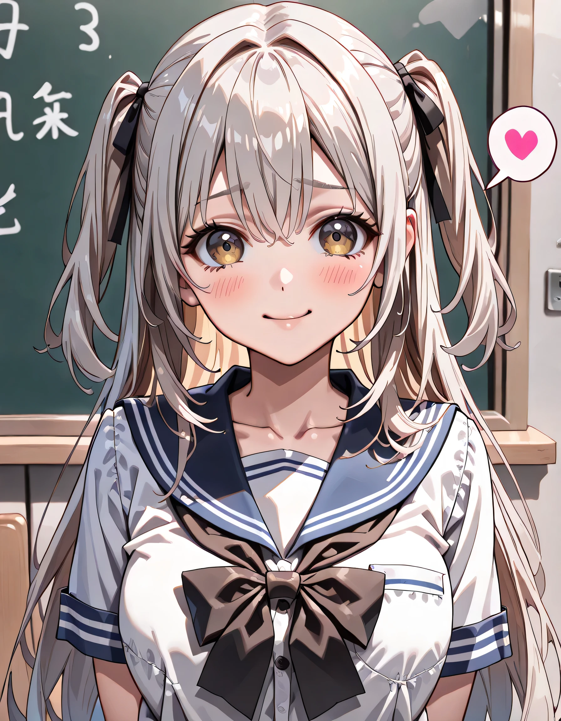 ((ultra-detailed)), (highly detailed CG illustration), (best quality:1.2), ultra-highly detailed, colorful composition, artistic photoshoot, 1girl, solo focus, ((upper body:1.4)), moe anime character,  girl, dainty facial structure, (bab(round face), ((rounded chin:1.2)), celia-default, celia claire, (blue eyes), ((silver hair color)), ((two side up hair)), ample breasts, school uniform, sailor suit, traditional Japanese style with navy blue and white colors, ((smile:1.4)), ((happy:1.4)), ((joyful:1.4)), ((tears of joy:1.4)), ((blush:1.4)), ((looking viewer)), ((spoken Heart:1.4)), ((pink heart background)), from front, best quality, masterpiece, expecting, pink cheek, blush, light pink gloss slip, portrait, depth of field, soft lighting, sidelighting, (shine), lighting, caustics, ray tracing, smile, perfect face, lustrous skin, highly detailed face, highly detailed eyes, perfect face, perfect nose, perfect hair, perfect eyes, perfect anatomy, beautiful hair, beautiful small face, extremely detailed face, beautiful detailed eyes, beautiful clavicle, beautiful body, beautiful ample breasts, leavage, breasts squeezed together, equalize the size of the left and right breasts, beautiful thin thighs, beautiful legs, beautiful fingers, 4 fingers, 1 thumb, lovely, (very detailed background:1.0), (highly detailed background:1.0), spring aesthetic, intricate details, joyful atmosphere, spring colors palette, chromatic aberration