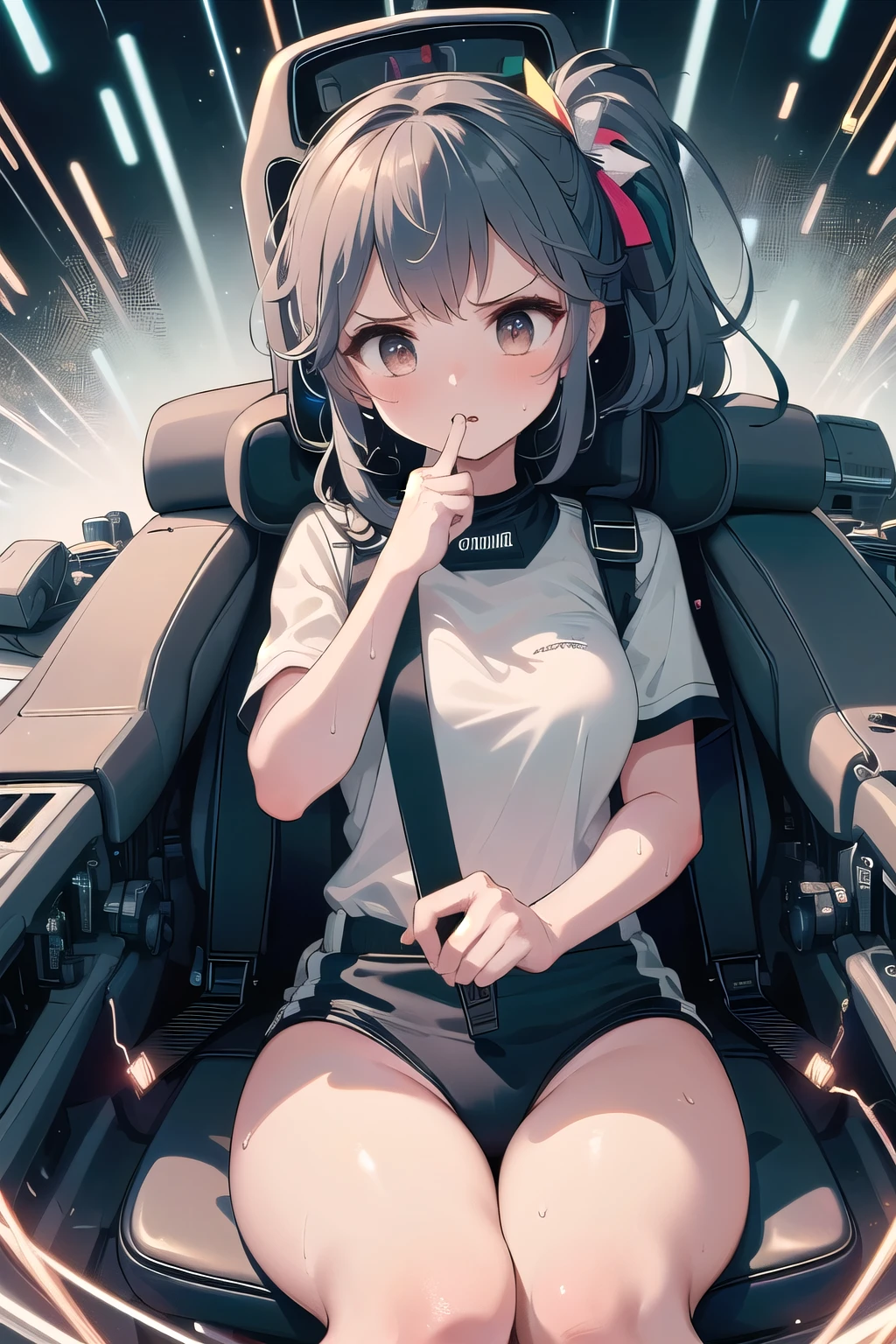 (((masterpiece))), (((best quality))), (((from front))), ((driving a formula racing)), ((fingers on steering wheel)), sitting on driver's seat, sharp eyes,  wearing black gymnastics bloomers, high leg ,white blouse (((speed lines))), ((electricity)), ((neon lights)), solo, 1girl, big , longhair, sweat, slim figure, 