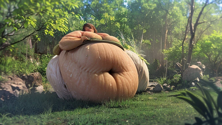 (best quality), sultry body, forest scenery with green grasses, pink and blue plants, thick-thighs, breasts big , 3d, huge ass , bathing in a wide, brown nipples, biomask on the face, dreads, crystal clear water, vagina, dildo in hand, ass facing the spectator, anal