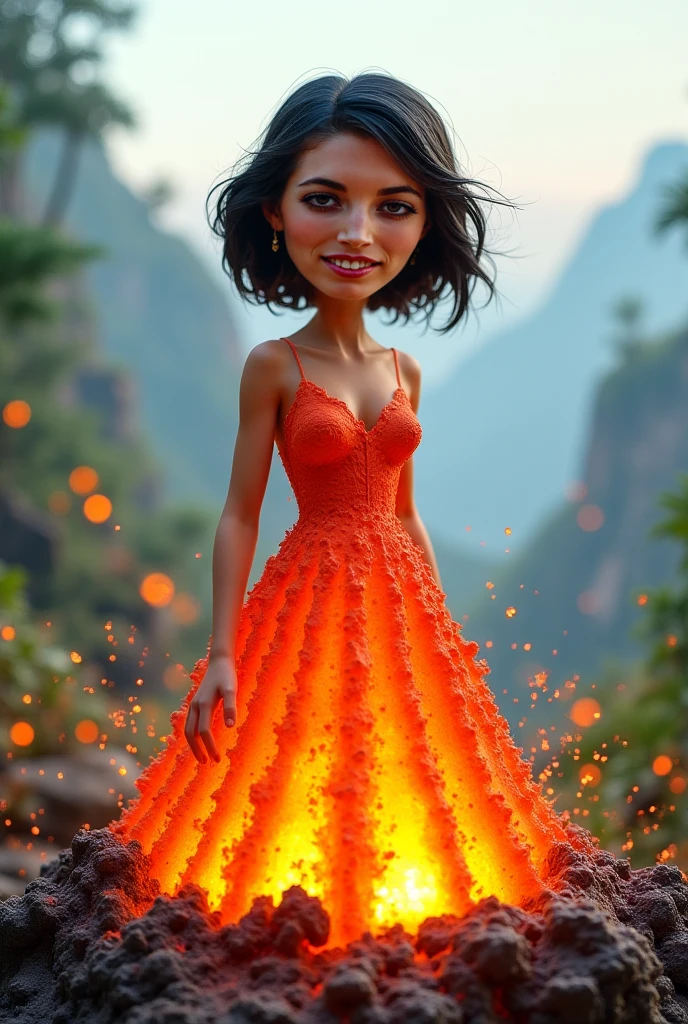 beautiful woman wearing a Amaranth (liquid dress),<lora:liquid_dress-1.0:1>, Yawning, 
8k, masterpiece, highly detailed, solo,
Sky Havens,
Tilt Shot, from above, [full body],
smile,
Choppy Bob,
Black hair,