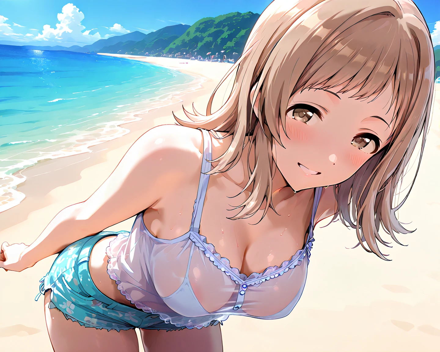 Below is a 2000 character detailed prompt::
--- Very detailed, Realistic, high-resolution 4K image of a beautiful woman standing topless by the seaside. of woman is the main focus of the image, with every detail of her appearance meticulously depicted to emphasize her natural beauty and the artistic nature of the scene. She has been a long time, Flowing, Wavy hair cascading down the back, catching the sunlight and shimmering with natural highlights. Her skin is tanned, Give her health, Shining and contrasting beautifully with bright light, Behind her is a clear blue sky.
Her eyes are expressive and captivating, reflecting the joy and warmth of a perfect summer day. She is gentle, warm smile that exudes confidence and contentment, inviting viewers to share in the serene and blissful atmosphere of the seaside. Her facial features are soft and harmonious, Her natural elegance enhances her charm..
of woman is standing confidently topless, emphasizing her natural beauty and the of the summer beach setting. Her posture is relaxed yet calm., embodying a sense of ease and grace. Her shoulders are pulled back slightly, and her arms hang naturally at her sides, Her posture enhances her natural beauty.. of focus on her toplessness is tasteful and artistic, ensuring that the image remains elegant and sophisticated.
of background of the image features a stunning seaside landscape, In the endless blue sky, Fluffy white clouds scattered. of gentle waves of the ocean lap at the shore, creating a soothing and rhythmic backdrop that complements the tranquility of the scene. of sandy beach extends into the distance, with the golden grains of sand sparkling in the sunlight.
In the distance, a few beachgoers can be seen enjoying the sun and sea, Enhance the tranquil atmosphere. of overall atmosphere of the image is bright, warm, and summery, Evoke feelings of joy, relaxation, and . of