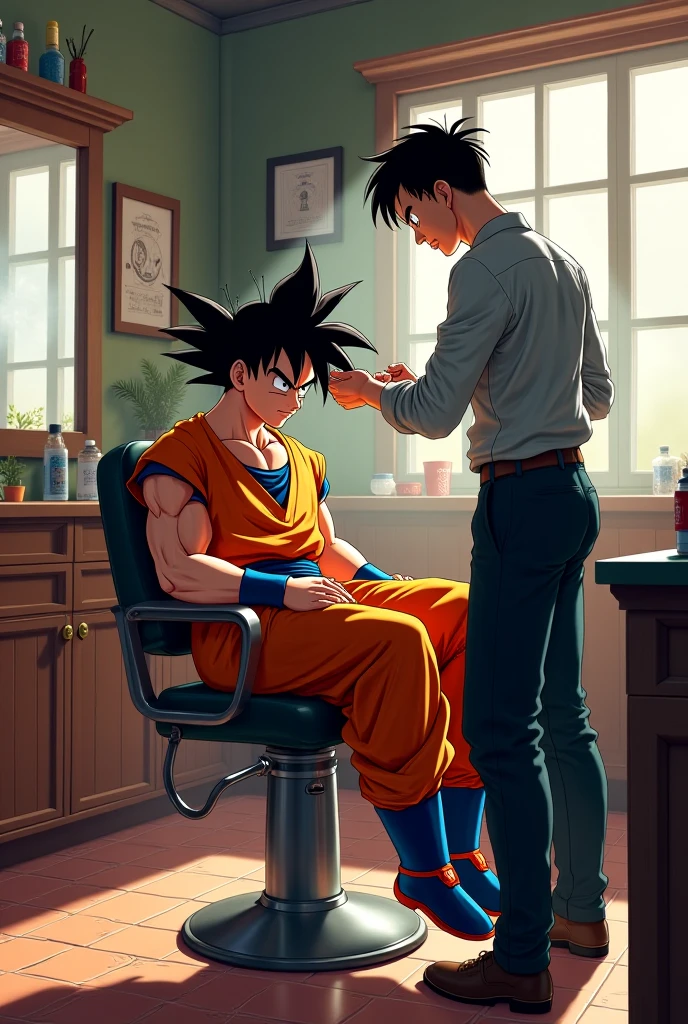Goku with goatee cutting Johan&#39;s hair classic barber shop with tattoos with classic drawing for barber shop painting