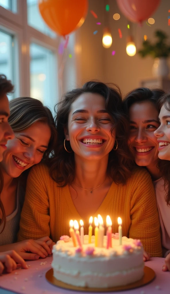 ​masterpiece、hyper realistic, -quality、detaile、hight resolution、extremely delicate and beautiful、simple background、upper body closeup、a smile、multiple female、5 male and 2 females、off shoulders、Plain clothe、The table、a cake、chum、Hugging、birthday、