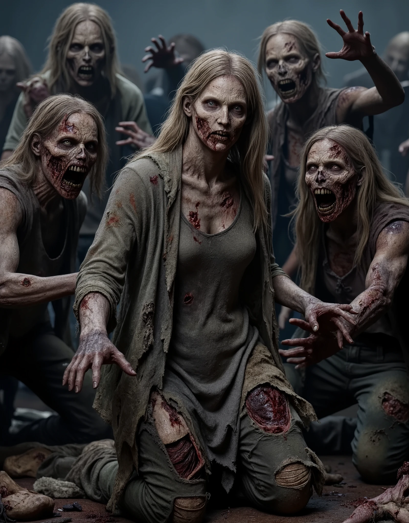 Zombie girl surrounded by other male zombies, rotting flesh, open wounds, undead, horror, open mouth with rotting teeth and blood, severed nose, exposed bone, blood and gore, bloody wounds, torn flesh, one arm reaching out to the viewer,