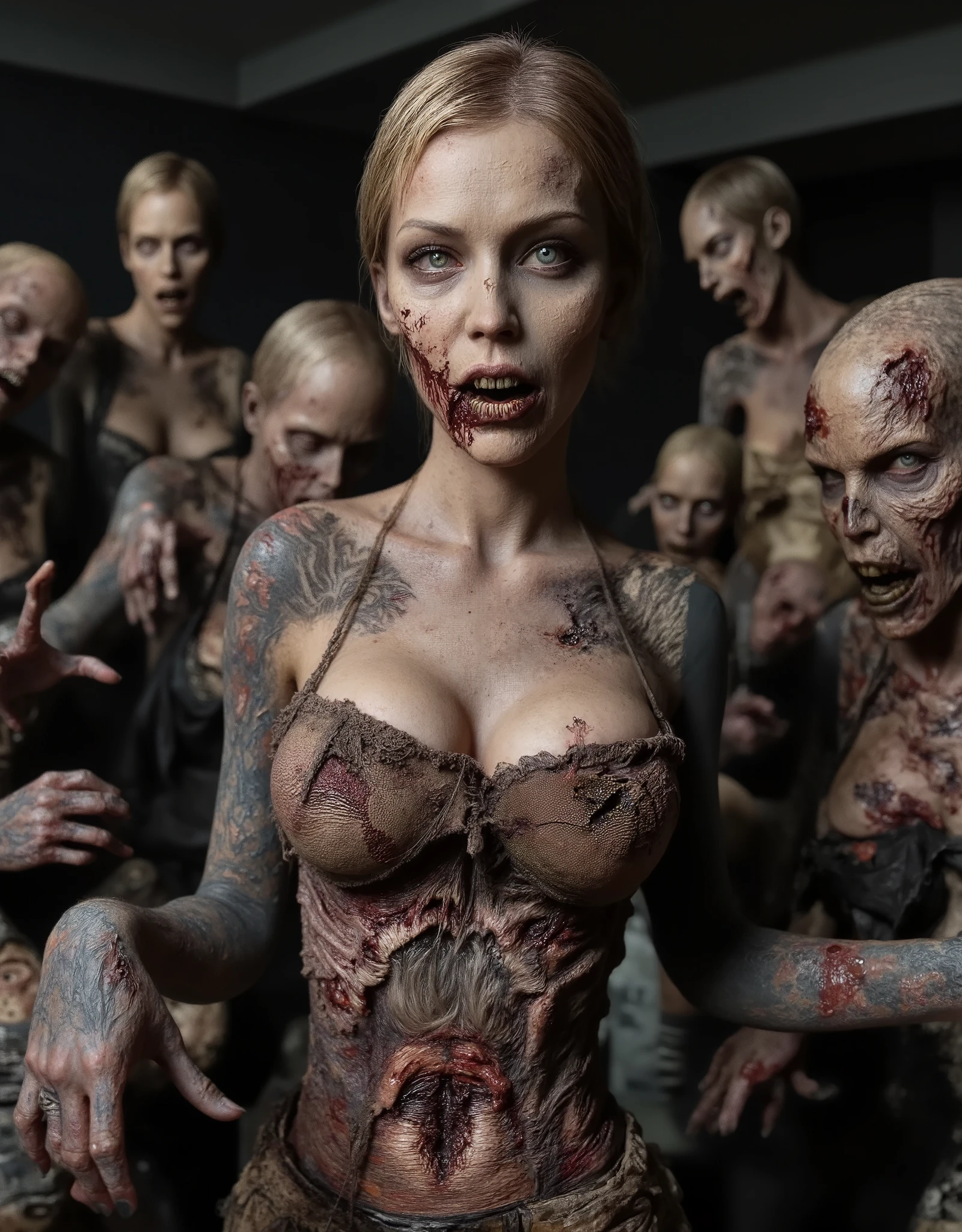 Zombie girl surrounded by other male zombies, rotting flesh, open wounds, undead, horror, open mouth with rotting teeth and blood, severed nose, exposed bone, blood and gore, bloody wounds, torn flesh, one arm reaching out to the viewer,