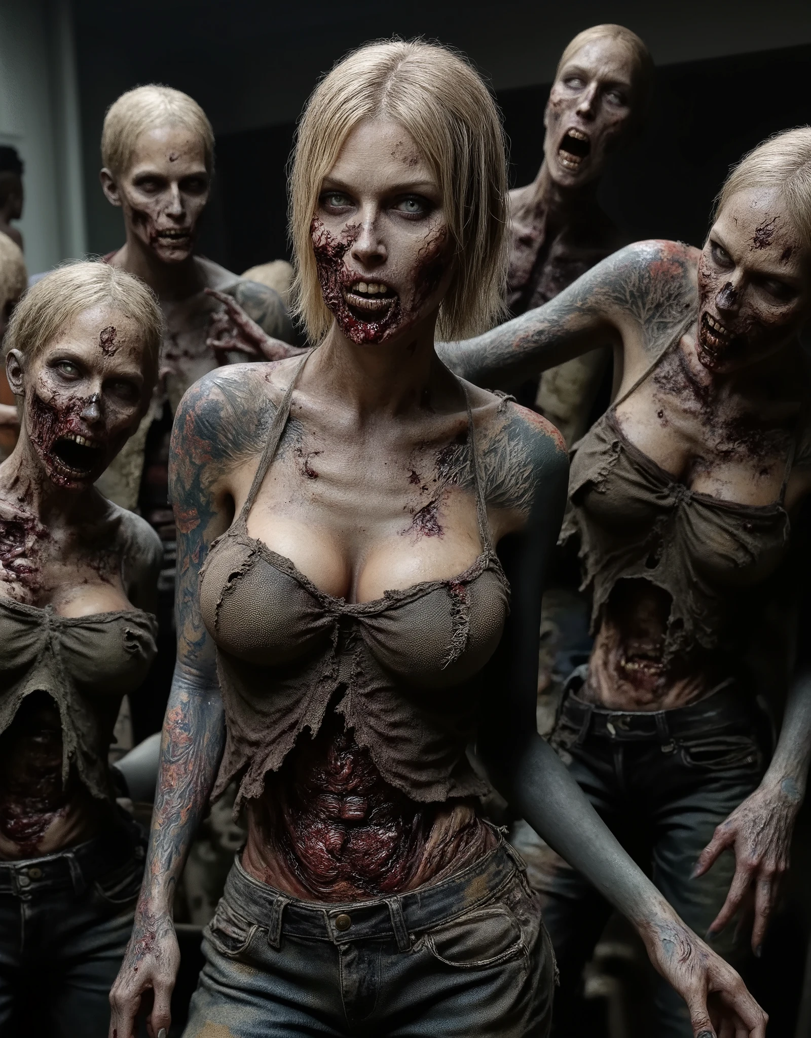 Zombie girl surrounded by other male zombies, rotting flesh, open wounds, undead, horror, open mouth with rotting teeth and blood, severed nose, exposed bone, blood and gore, bloody wounds, torn flesh, one arm reaching out to the viewer,