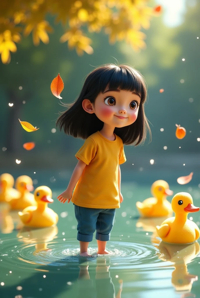 A very cute little girl sat by the pond, warm light yellow in autumn, maple leaves, bright sunlight, creating a happy and relaxed atmosphere. Cartoon style, Chinese style, mountains, clouds, water, wide angle, natural light, movie light, flat illustrations, super details, 16k, best quality --niji 5 --ar 2:3 --v 5