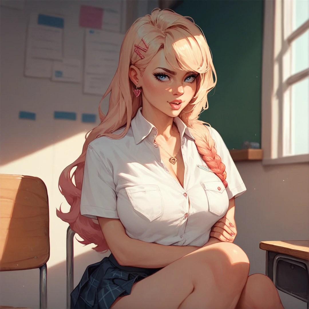 Anime style, Painting, absurderes、perfect anatomia、Olivier Mira Armstrong、bra very、Bra visible from clothes、Braline、breastsout、Classroom、cleavage of the breast、clavicle、desk、From above、small breasts, length hair, on desk, pleatedskirt, School Desk, student clothes, see -through, The shirt, sitting on, Sitting on a desk, skirt by the, solo, thighs thighs thighs thighs, red blush, ssmile, elf, showing panties under the dress, small