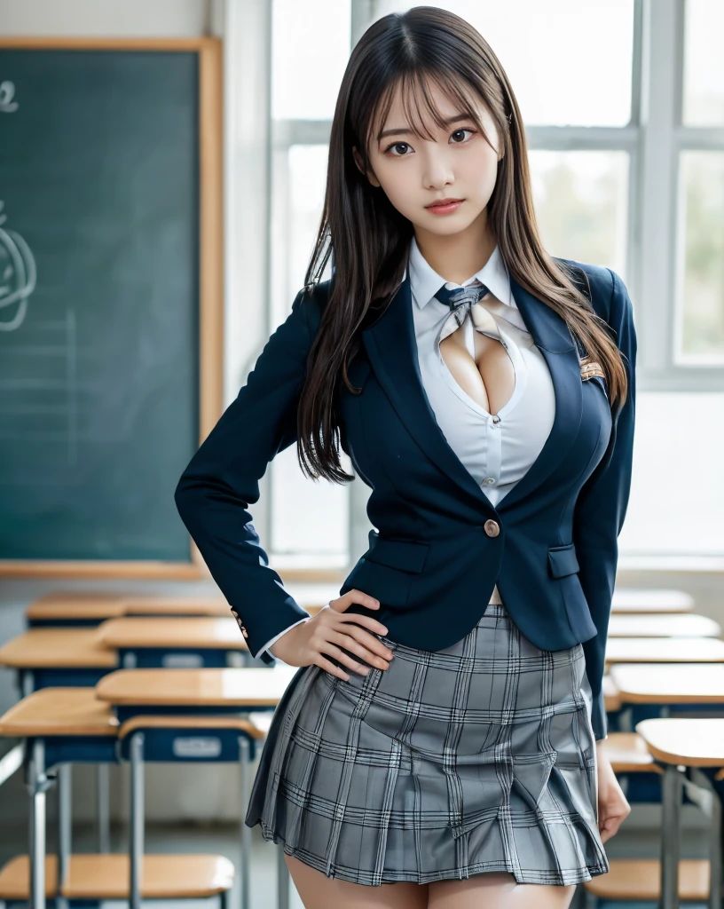 (Highest quality),((16-year-old high school girl with a naughty expression)),like々Super long black hair,Typical Japan,Gray blazer uniform,Almond-shaped eyes,Slim build,((Big Breasts)):1.5,((Cleavage)):1 1,((Very long black hair)),((ponytail)),(Dark Eyes),((Real Skin)),((Small blood vessels are visible)),A little muscle,narrow_waist,(machineの上で本を広げて勉強している女の子:1.2),chair,machine,School classroom with chalkboard in the background,