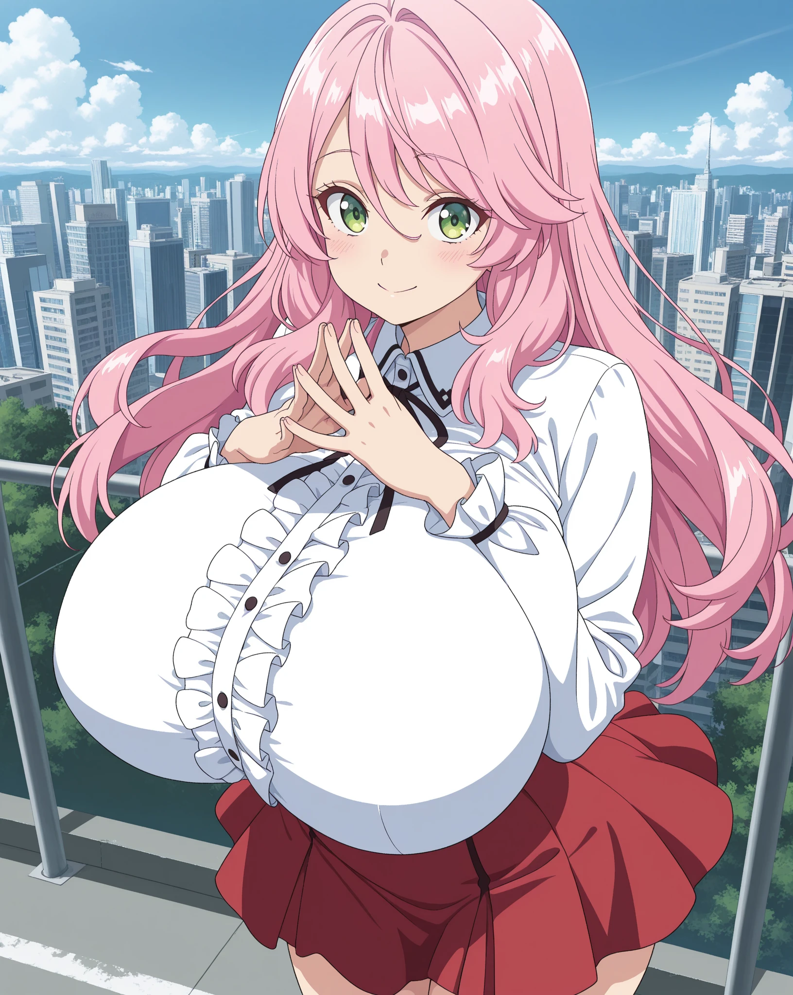 giantess, (((huge breast), Pleasure, Sweat, breast milk, paizuri, paizuri, A woman bigger than the city, Urban Background, abruzzi_kantaicollection, View from the side, profile