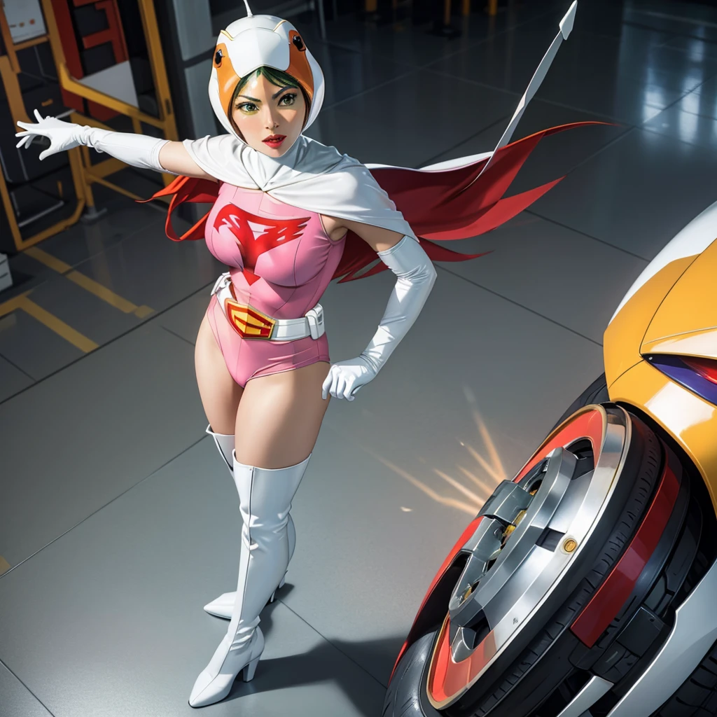 ANI_CLASSIC_jun_gatchaman_ownwaifu,1girl, ,good anatomy, masterpiece, best quality,realistic, hyperrealistic, 16k hdr, long hair,breasts,green eyes,lips,large breasts,lipstick,makeup,gloves,cape,helmet,belt,elbow gloves,white gloves,mask,ultra miniskirt,leotard,spacesuit,white tight overknee highheels boots,pink dress,superhero,bodysuit,cleavage,erected nipples,(sexy pose,from below:1.2),(spread legs:1.1),cameltoe
