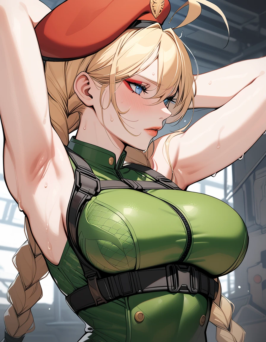 big breasts, thick thighs, cammy white, twin braids, long hair, blonde hair, antenna hair, beret, (red headwear:1.3), blue eyes, scar on cheek, green leotard, large breasts, sleeveless, red gloves, fingerless gloves, camouflage