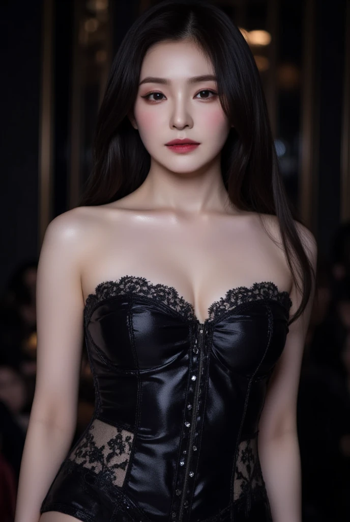 (masterpiece, best quality, CGI:1.2), mesmerizing young woman, (sleek black gown:1.1), (dramatic draping:1.2), (intricate lacework:1.1), surrounded by a sumptuous and extravagant ambiance, (ornate candelabras:1.3), (richly decorated walls:1.2), (gleaming marble floors:1.1), (soft spotlights creating dramatic lighting:1.2), (subtle interplay of light and shadows:1.1), a fusion of mystery and allure, (piercing gaze:1.2), (captivating stance:1.1), (meticulous rendering of textures:1.2), an atmosphere of intrigue, cinematic flair.