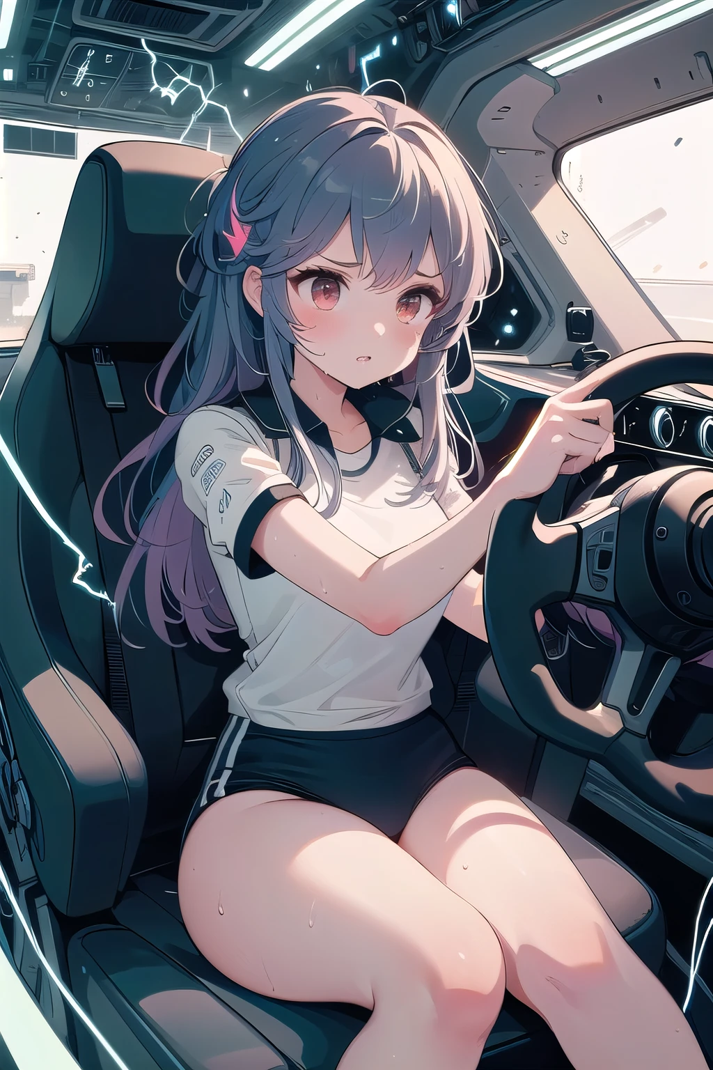 (((masterpiece))), (((best quality))), (((from front))), ((driving a formula racing)), ((fingers on steering wheel)), sitting on driver's seat, sharp eyes,  wearing black gymnastics bloomers, high leg ,white blouse (((speed lines))), ((electricity)), ((neon lights)), solo, 1girl, big , longhair, sweat, slim figure, 