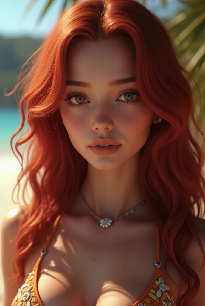 red hair, hair bobbles, wince, longeyelashes, solid circle eyes, light smile, ear blush, fang, in bikini, in beach, ccurate, Surrealism, drop shadow, anaglyph, stereogram, tachi-e, pov, atmospheric perspective, ray tracing, panorama, 8k, super detail, best quality, textured skin
