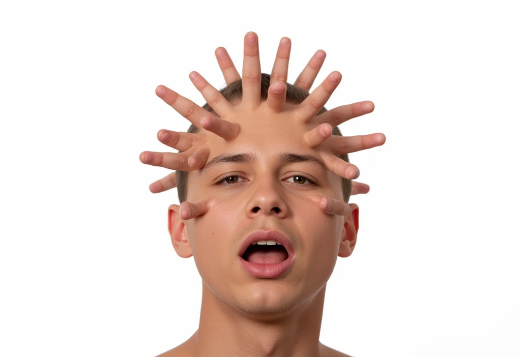 Young adult male duct tape wrapped around mouth white background 