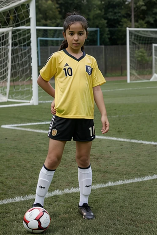 Create a complete soccer uniform with dark blue main color, and additional colors white and gold