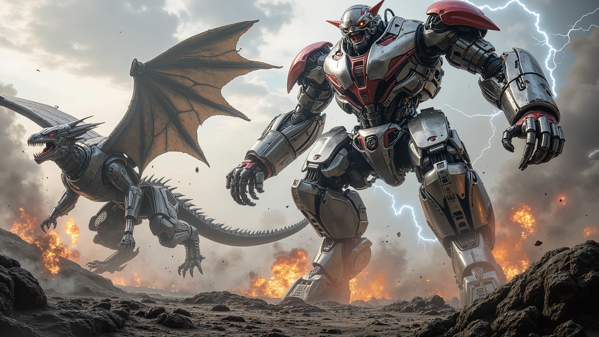 Hanuma Robot in an Epic Battle: "A giant Hanuma monkey robot with silver armor and red details, facing a mechanical dragon on a battlefield, with explosions and lightning in the background."