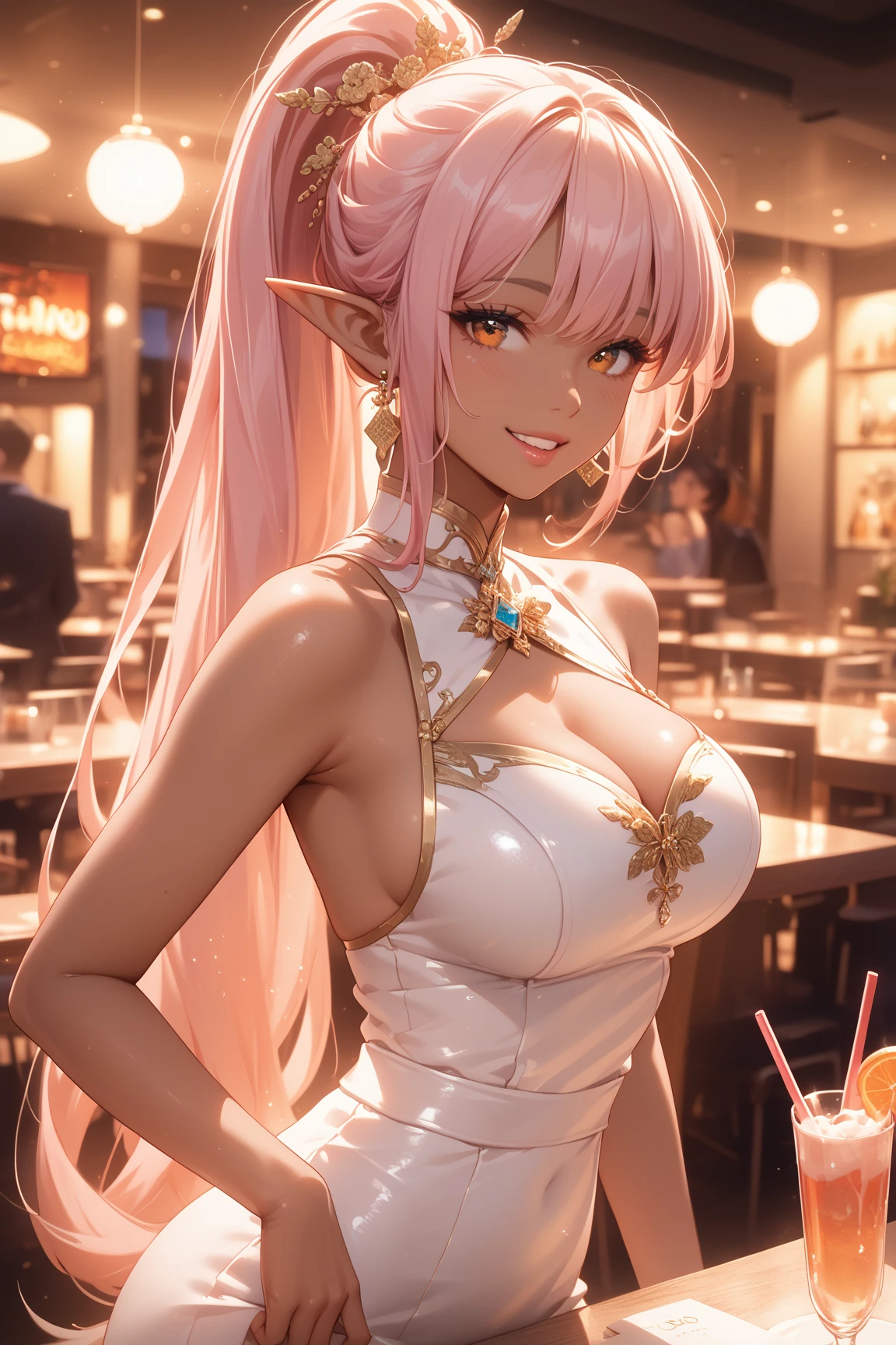 masterpiece, best quality, very detailed, high resolution, expensive resolution, high resolution, 4K, 8k, Unity 8k wallpaper, highly detailed CG, masterpiece, 2D, 3D, beautiful details, depth, fine texture, best quality: 1.3, perfectly focused, crispy skin, he,
Very cute anime girl, night bar employee girl, sexy dress, big breasts, expensive pink medium long hair, champagne, celebratory mood, night bar, mole under eye, look at the viewer, expensive, blush, mole, parted lips,, heart, pink eyes, choker