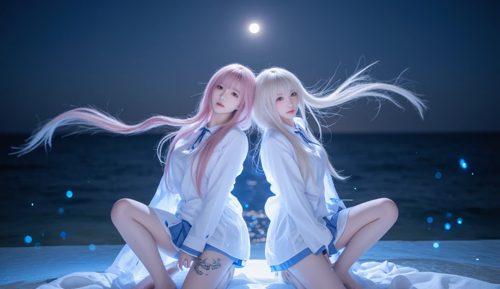 beautiful woman, 21 years old, pink long hair, attracts the full moon